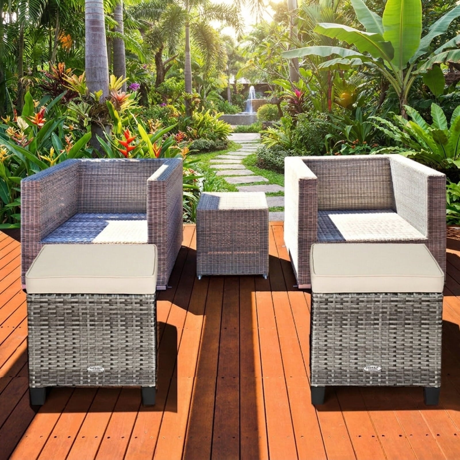 Biotree 2 Pieces Patio Rattan Ottoman Seat with Removable Cushions Stackable Patio Chair for Garden BackyardBeige