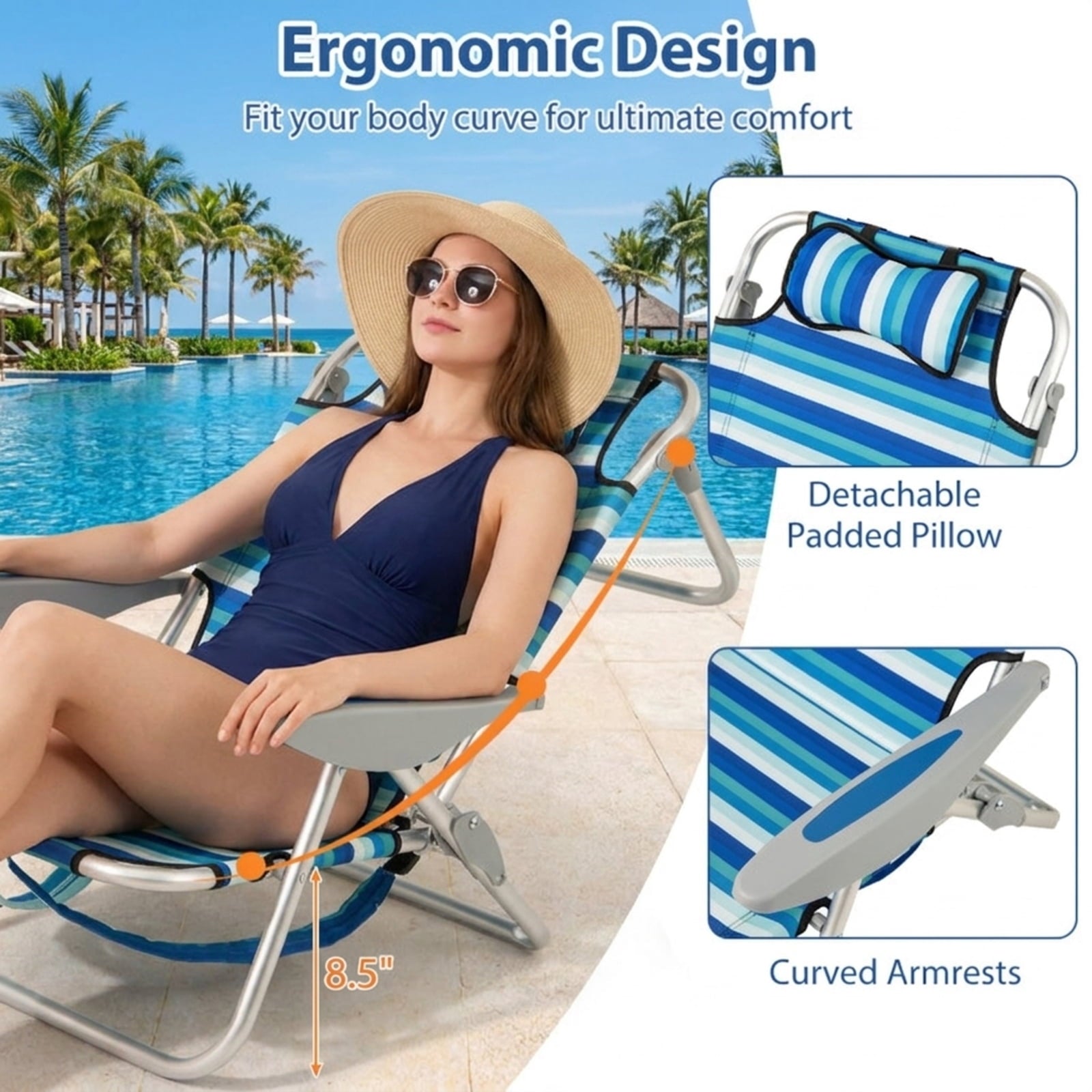 Biotree Set of 1 Folding Beach Chair for Adults with 4-Position Adjustable Backrest Stackable Patio Chair for Garden BackyardBlue
