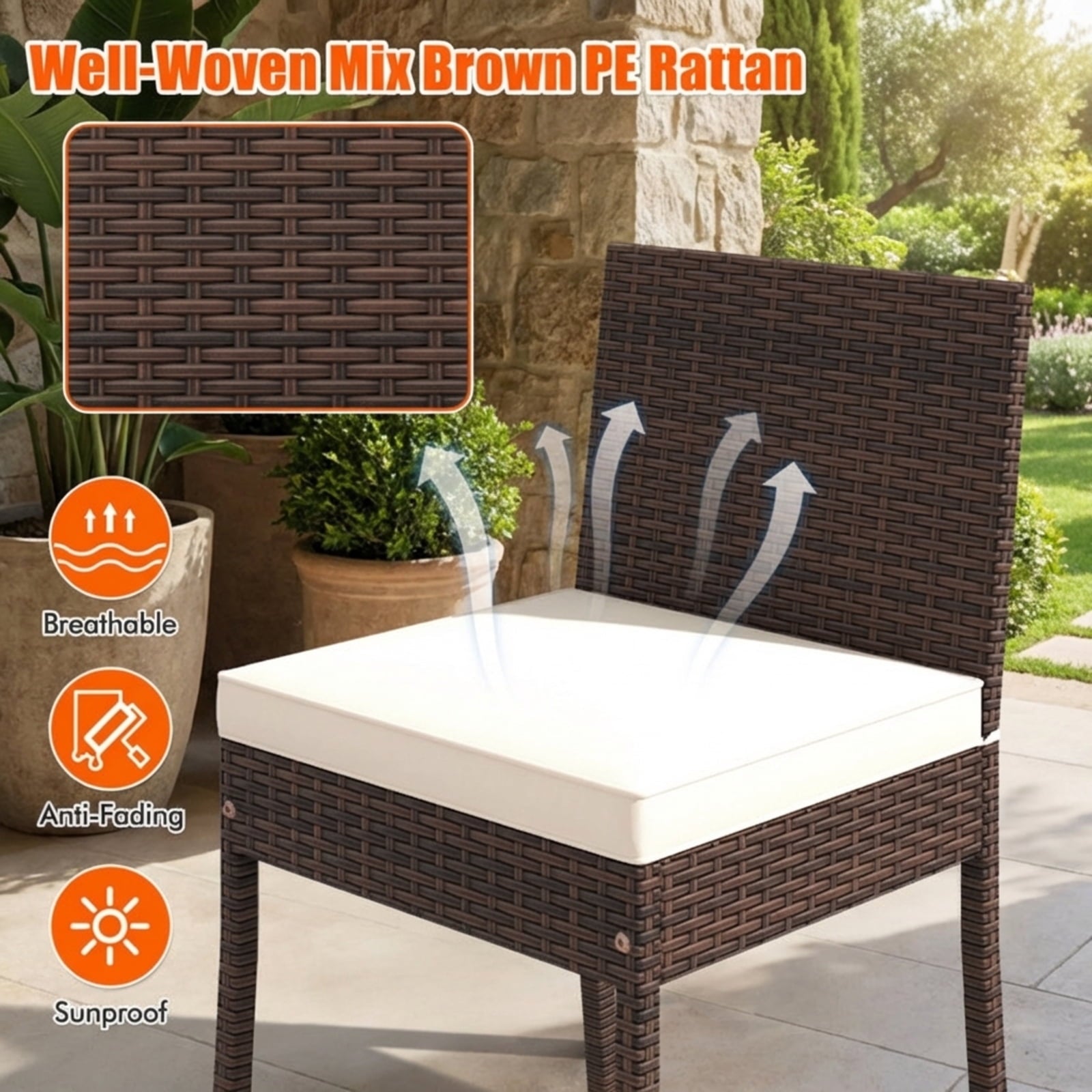 Biotree Set of 4 Patio Wicker Barstools with Seat Cushion and Footrest, PE Rattan Outdoor Bar Height Chairs with Metal Frame for Backyard Deck Garden Poolside, Mix Brown