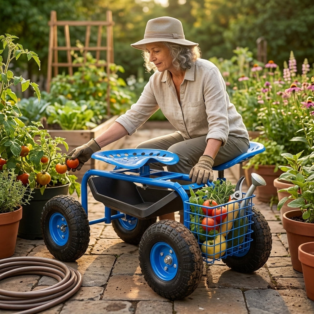 Biotree Rolling Garden Cart with Seat, 360¡ãSwivel Seat Adjustable Height,330lbs Load Capacity, Wagon Scooter with Storage Bracket and Tool Tray, Suitable for Patio Yard, Blue