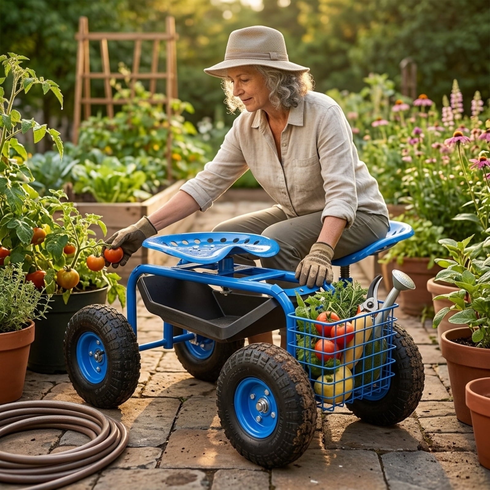 Biotree Rolling Garden Cart with Seat, 360¡ãSwivel Seat Adjustable Height,330lbs Load Capacity, Wagon Scooter with Storage Bracket and Tool Tray, Suitable for Patio Yard, Blue
