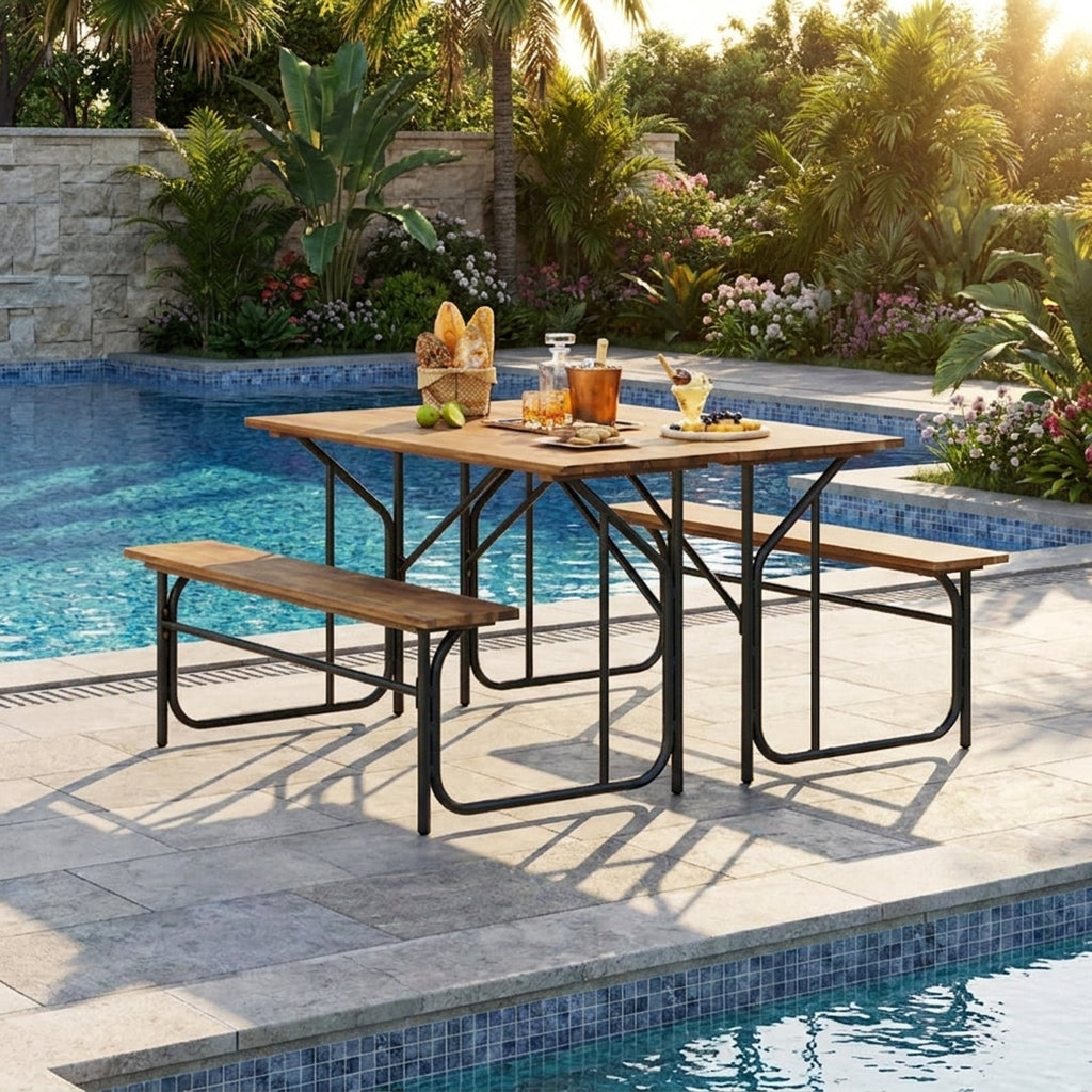 Biotree Acacia Wood Patio Table Bench for 2 People One-Side Picnic Table, Black