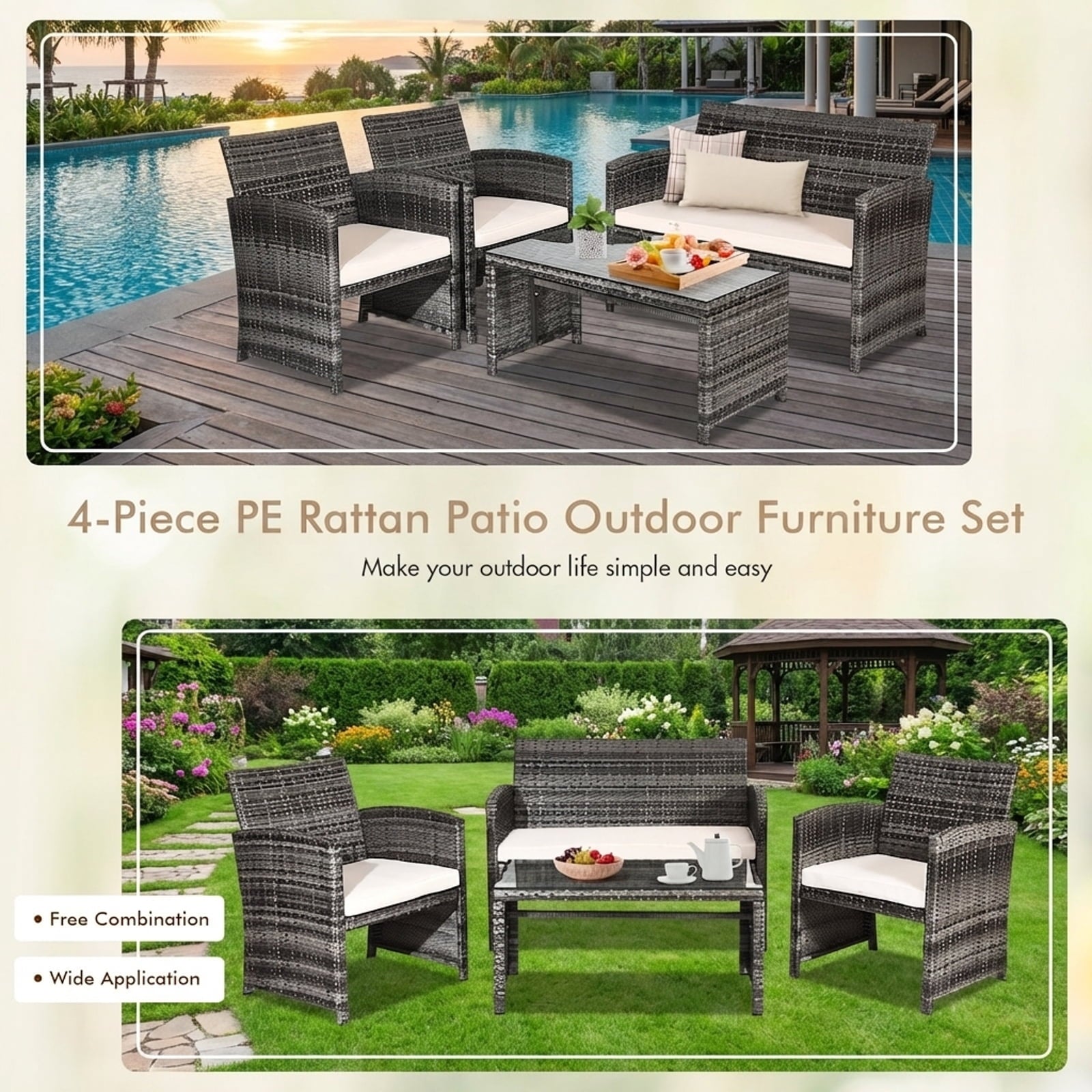 Biotree 4-Piece Patio Rattan Sofa Set with Glass Table-White
