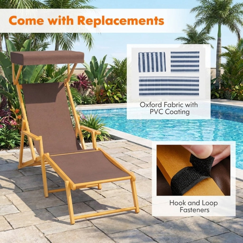 Biotree Birch Wood Chaise Lounge Chair Foldable Beach Chair with Adjustable Canopy Stackable Patio Chair for Garden BackyardBrown