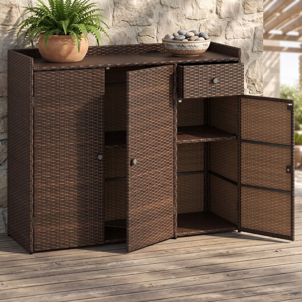 Biotree Outdoor PE Wicker Storage Cabinet with 3 Doors, Weatherproof Rattan Deck Box with Countertop, Adjustable Shelves Drawer for Patio Garden Deck, Brown