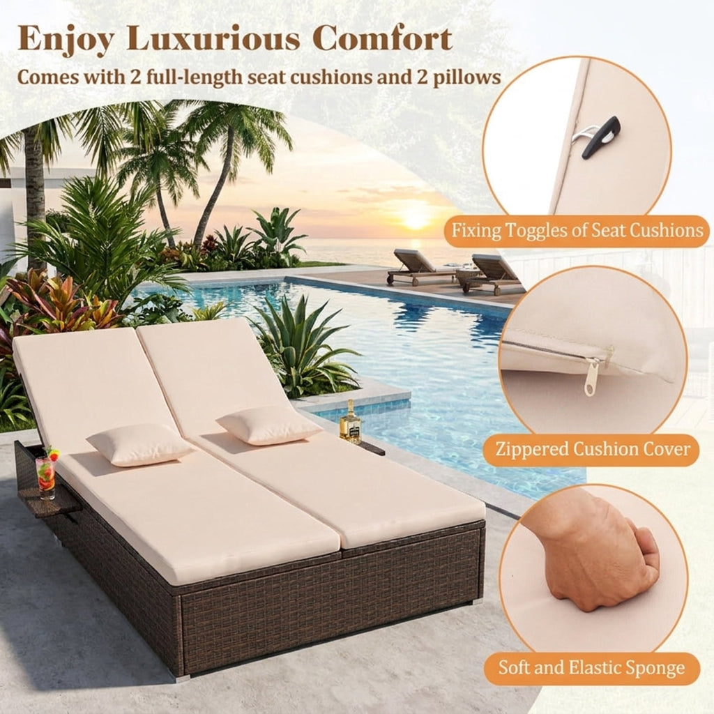 Biotree Patio Double Chaise Lounge with Cushions and Folding Side Trays Stackable Patio Chair for Garden BackyardBeige