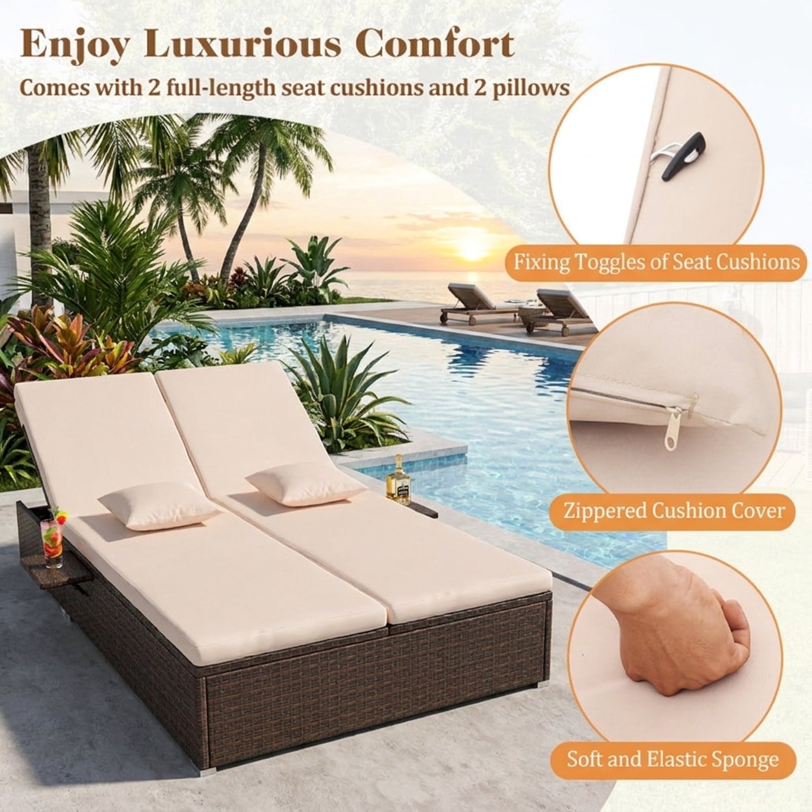 Biotree Patio Double Chaise Lounge with Cushions and Folding Side Trays Stackable Patio Chair for Garden BackyardBeige