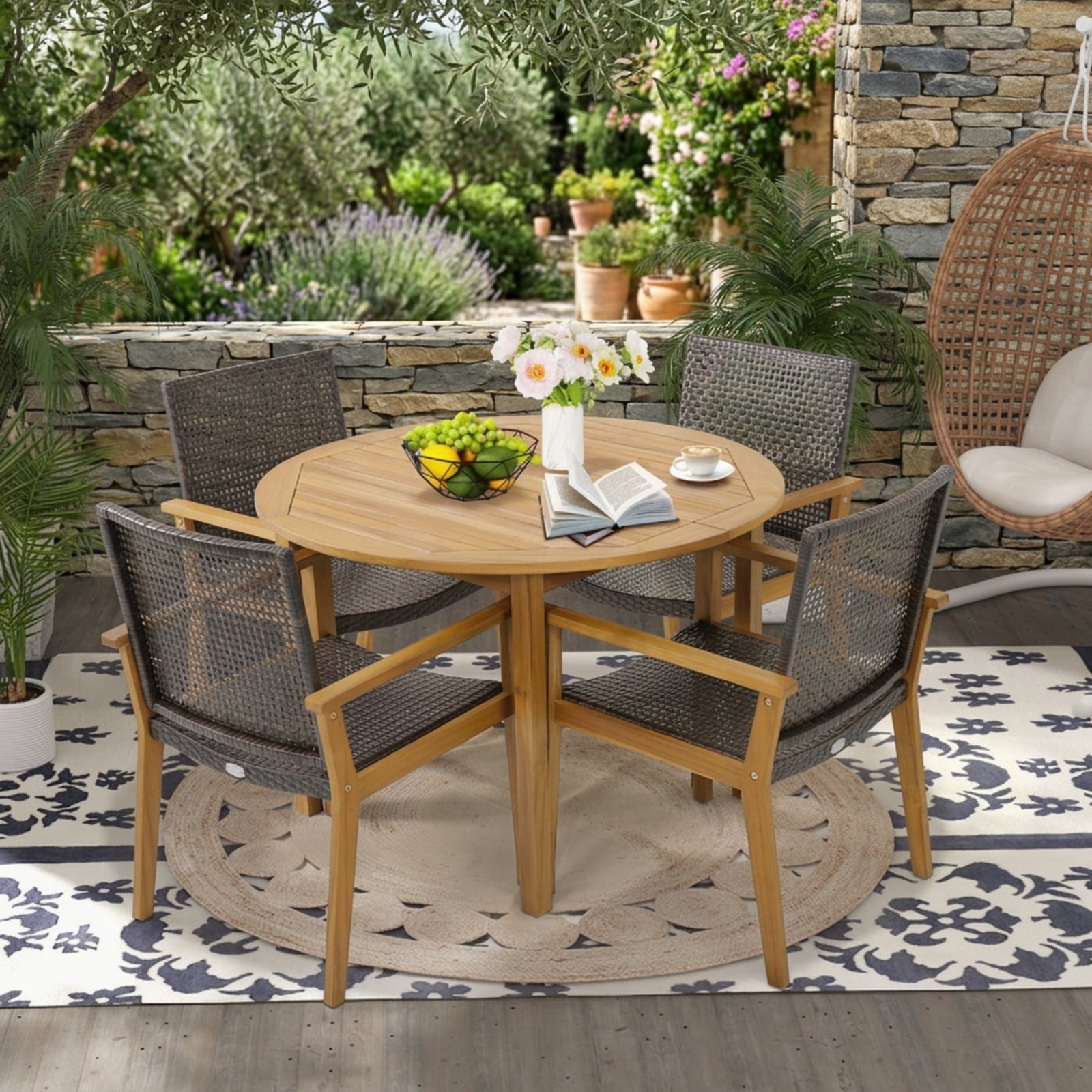 Biotree Set of 4 Outdoor Rattan Chair with Sturdy Acacia Wood Frame-Set of 4 Stackable Patio Chair for Garden BackyardMix Brown
