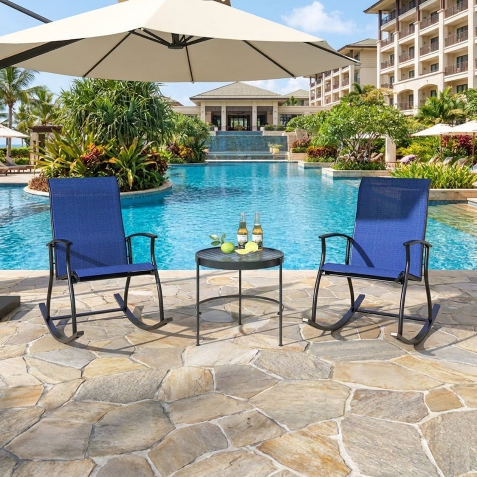 Biotree 2 Pieces Outdoor Rocking Chairs with Breathable Backrest Stackable Patio Chair for Garden BackyardNavy