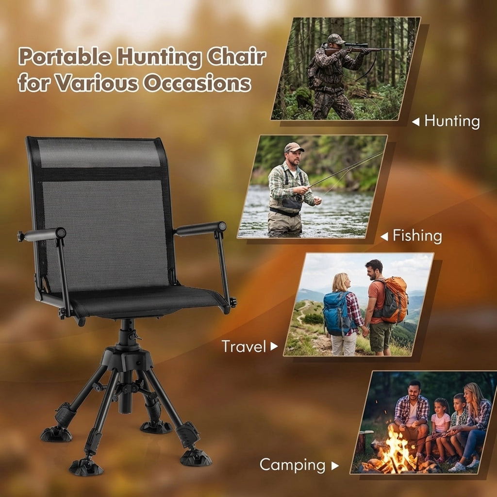 Biotree 360 Degree Swivel Hunting Chair with 4 Adjustable Height Legs Foldable Outdoor Camp Chair with Mesh Backrest, Black
