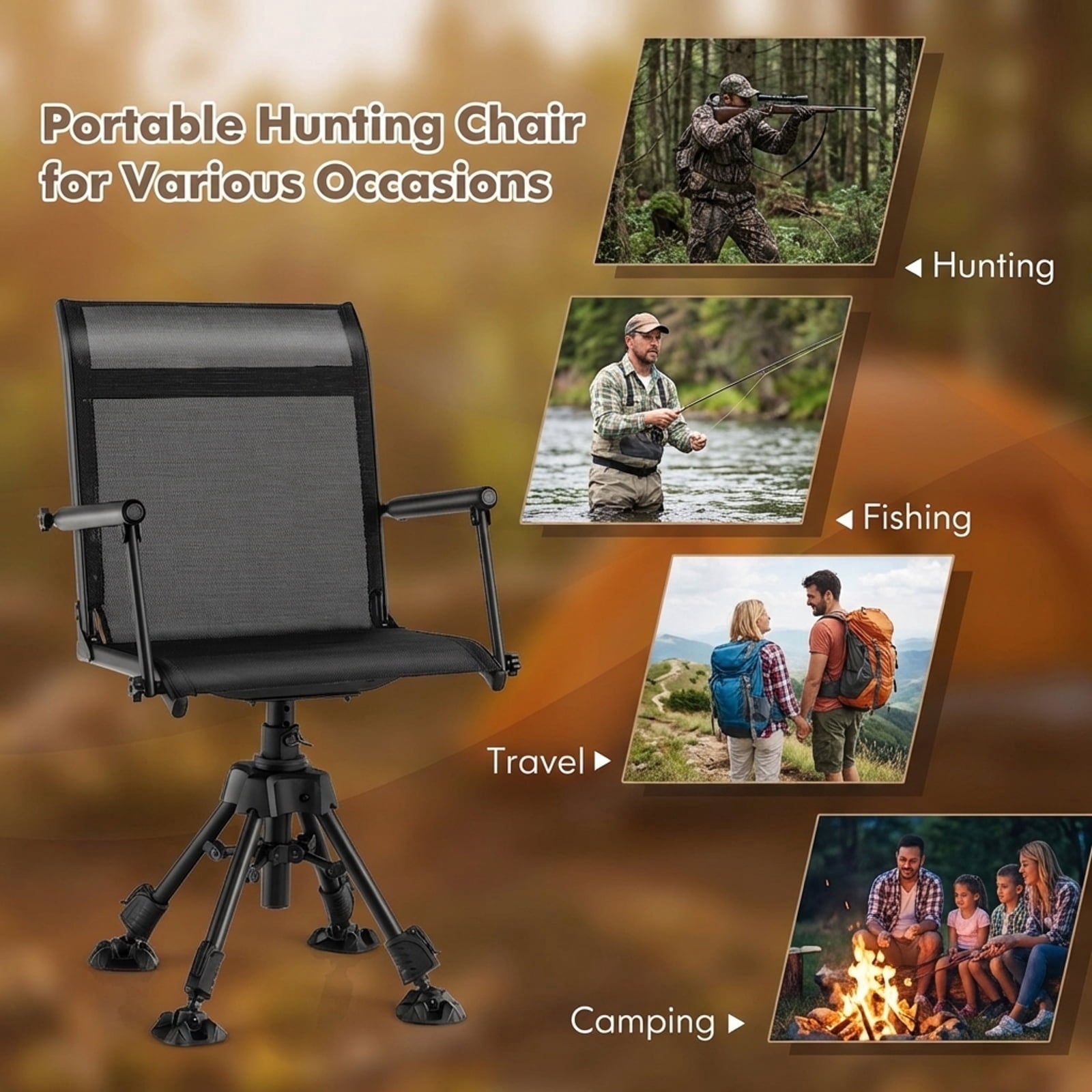 Biotree 360 Degree Swivel Hunting Chair with 4 Adjustable Height Legs Foldable Outdoor Camp Chair with Mesh Backrest, Black