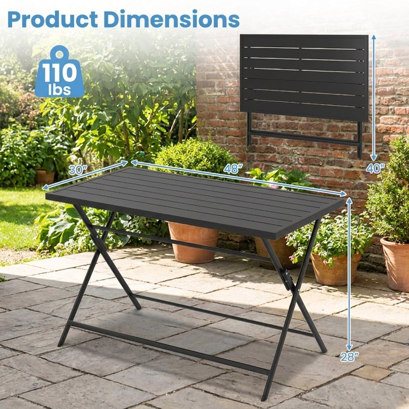 Biotree Foldable Outdoor Dining Table 48inch x 30inch Rectangular Metal Patio Table with Slatted Tabletop, Dark Brown
