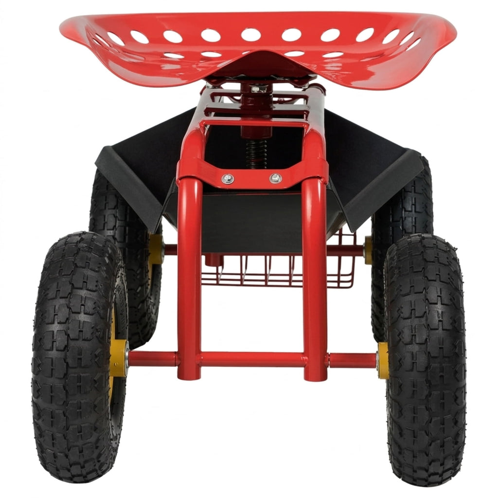 Biotree Rolling Garden Cart with Seat, 360¡ãSwivel Seat Adjustable Height,330lbs Load Capacity, Wagon Scooter with Storage Bracket and Tool Tray, Suitable for Patio Yard, Red