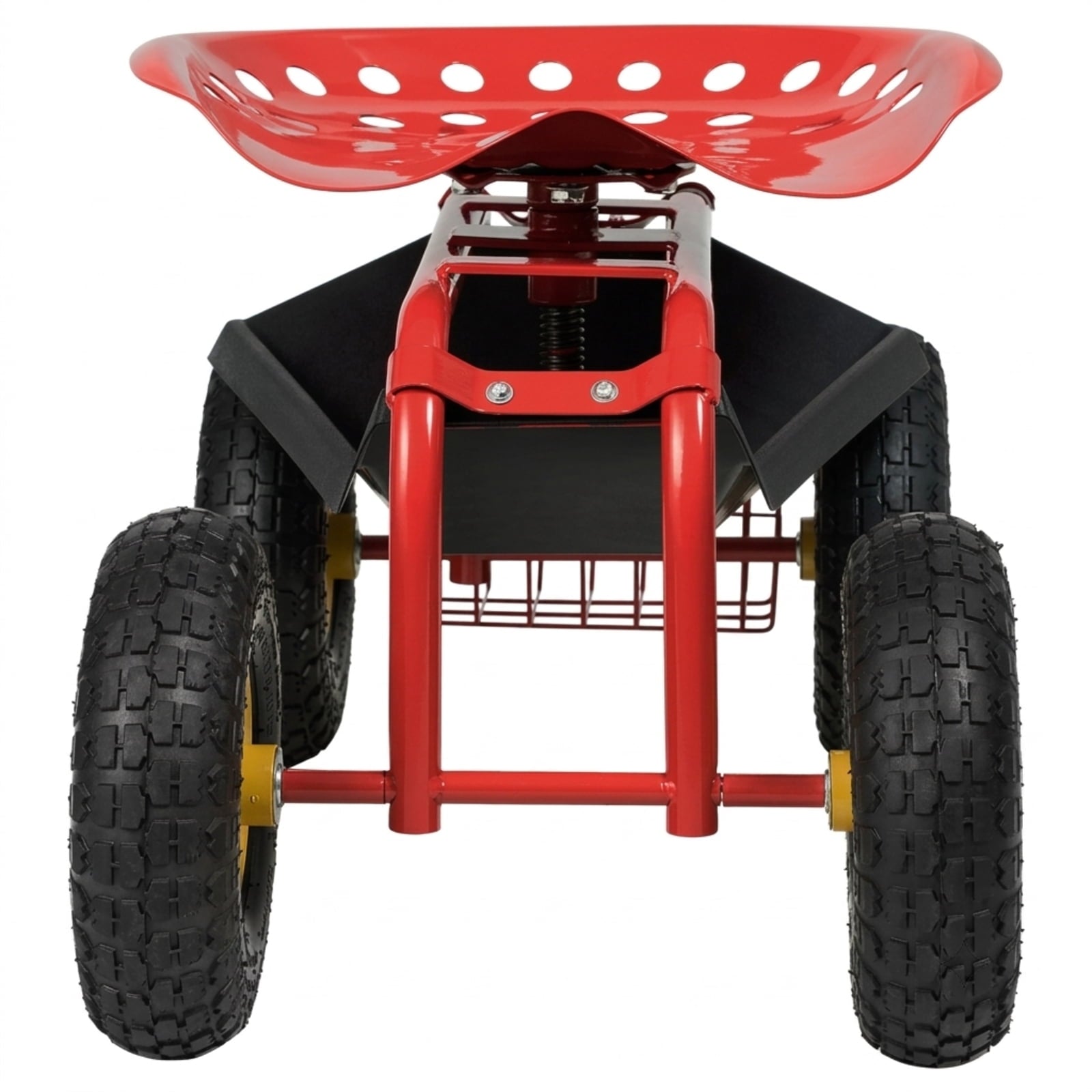 Biotree Rolling Garden Cart with Seat, 360¡ãSwivel Seat Adjustable Height,330lbs Load Capacity, Wagon Scooter with Storage Bracket and Tool Tray, Suitable for Patio Yard, Red