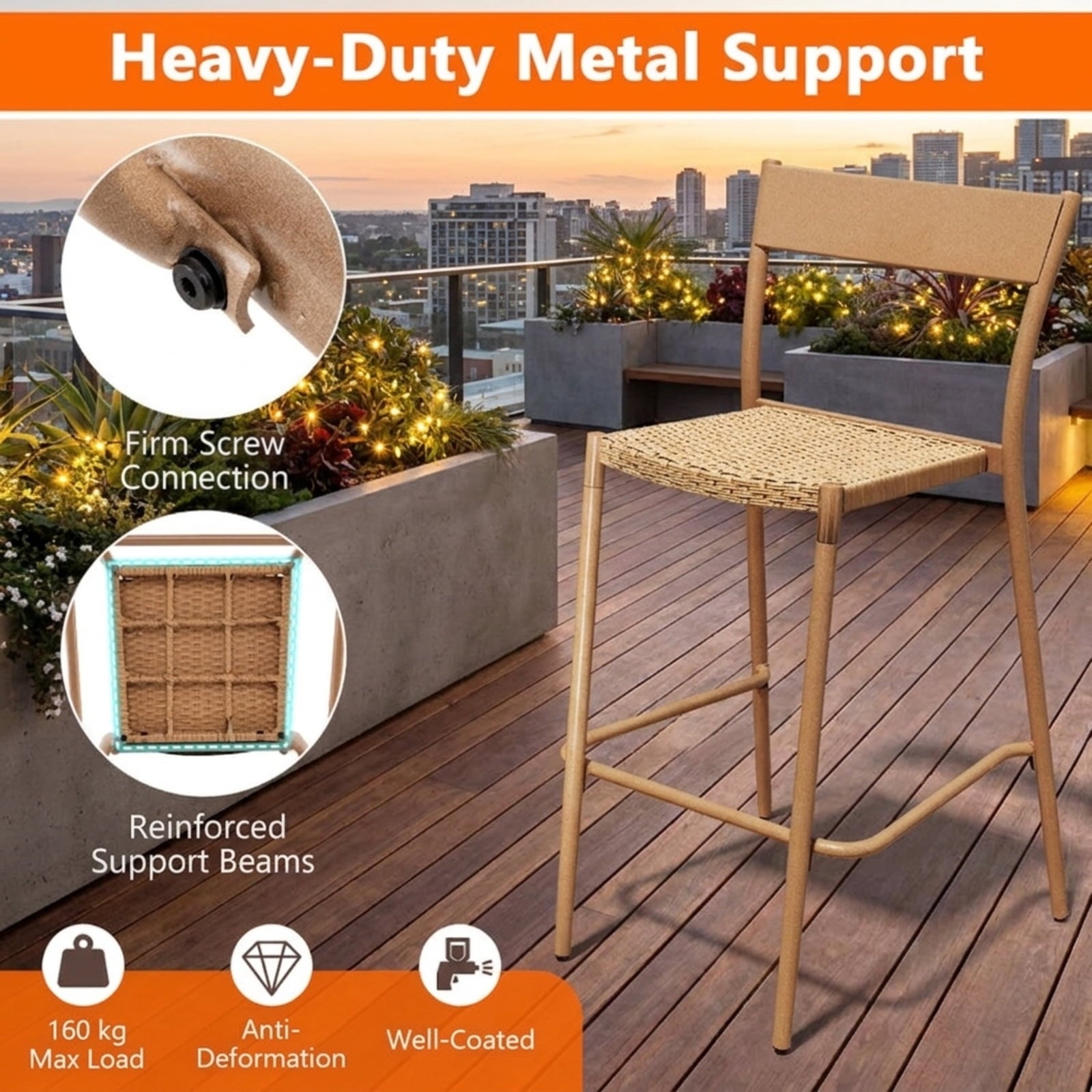 Biotree Patio Barstools Set of 4 with Rattan Seat and Metal Backrest Stackable Patio Chair for Garden BackyardLight Brown