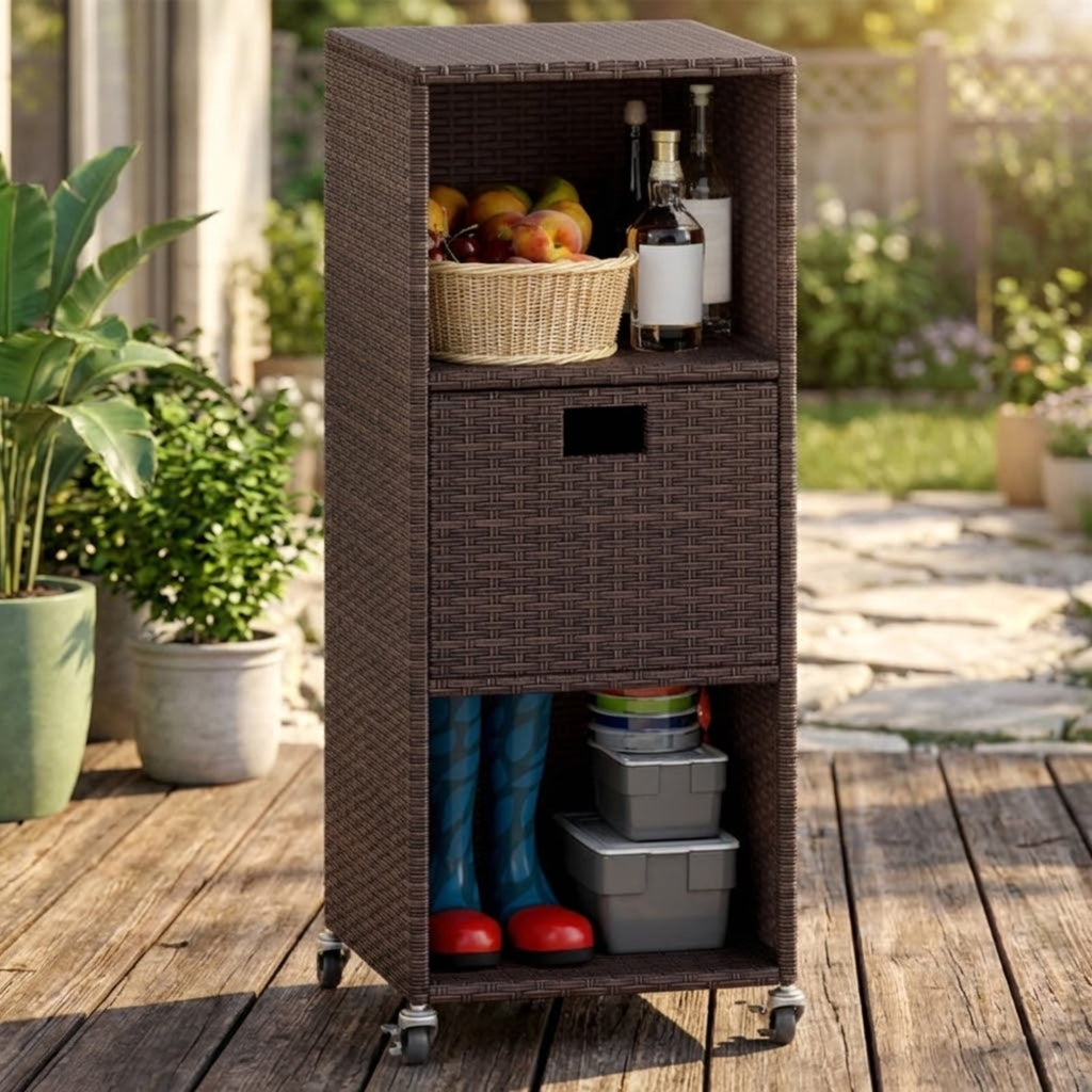 Biotree Outdoor Storage Cabinet with Drawer and 3 Shelves, PE Rattan Tall Deck Cabinet Patio Garden Console for Backyard Porch Deck Poolside, Mix Brown