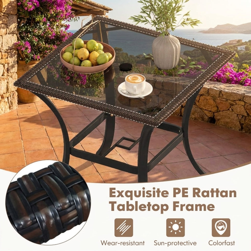 Biotree Outdoor Patio Square Bar Table with Glass Top and PE Rattan Edging, Brown - Outdoor Bar Height Dining Table for Patio Deck