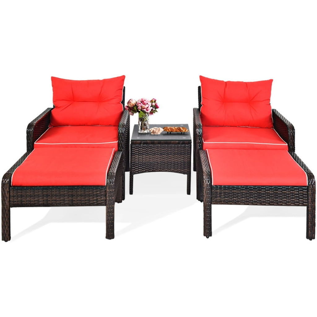 Biotree 5 Pieces Patio Rattan Sofa Ottoman Furniture Set with Cushions Outdoor Conversation Set for Garden Backyard PorchRed