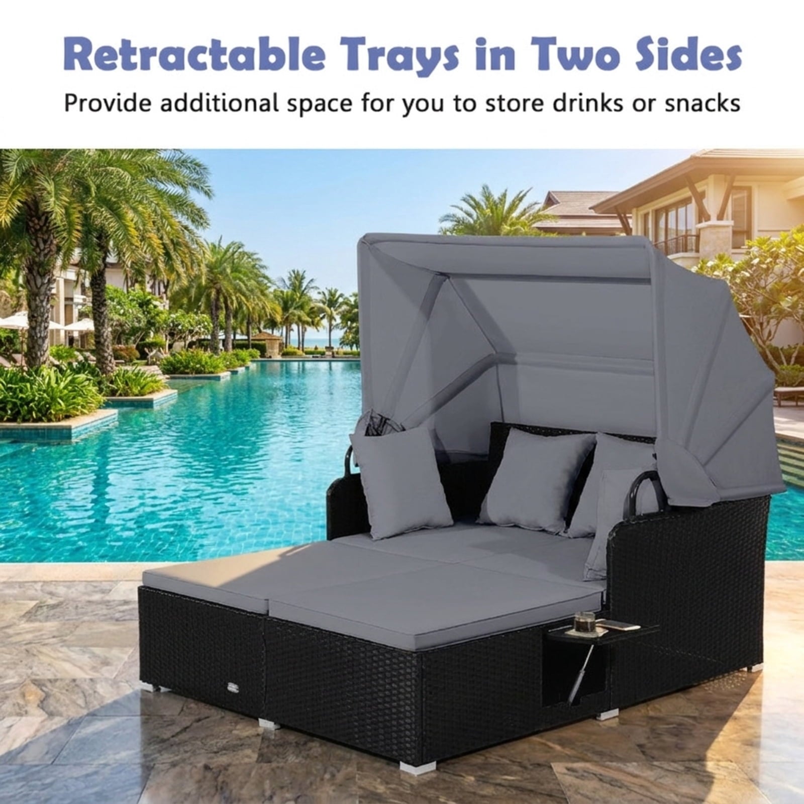 Biotree Patio Rattan Daybed with Retractable Canopy and Side Tables Outdoor Conversation Set for Garden Backyard PorchGray