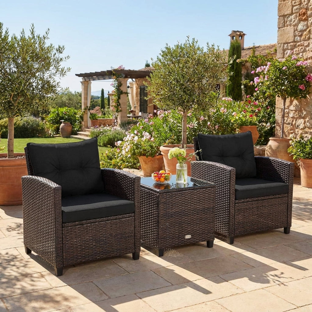 Biotree 3 Pcs Patio Rattan Furniture Set Cushioned Conversation Set Coffee Table Outdoor Conversation Set for Garden Backyard PorchBlack