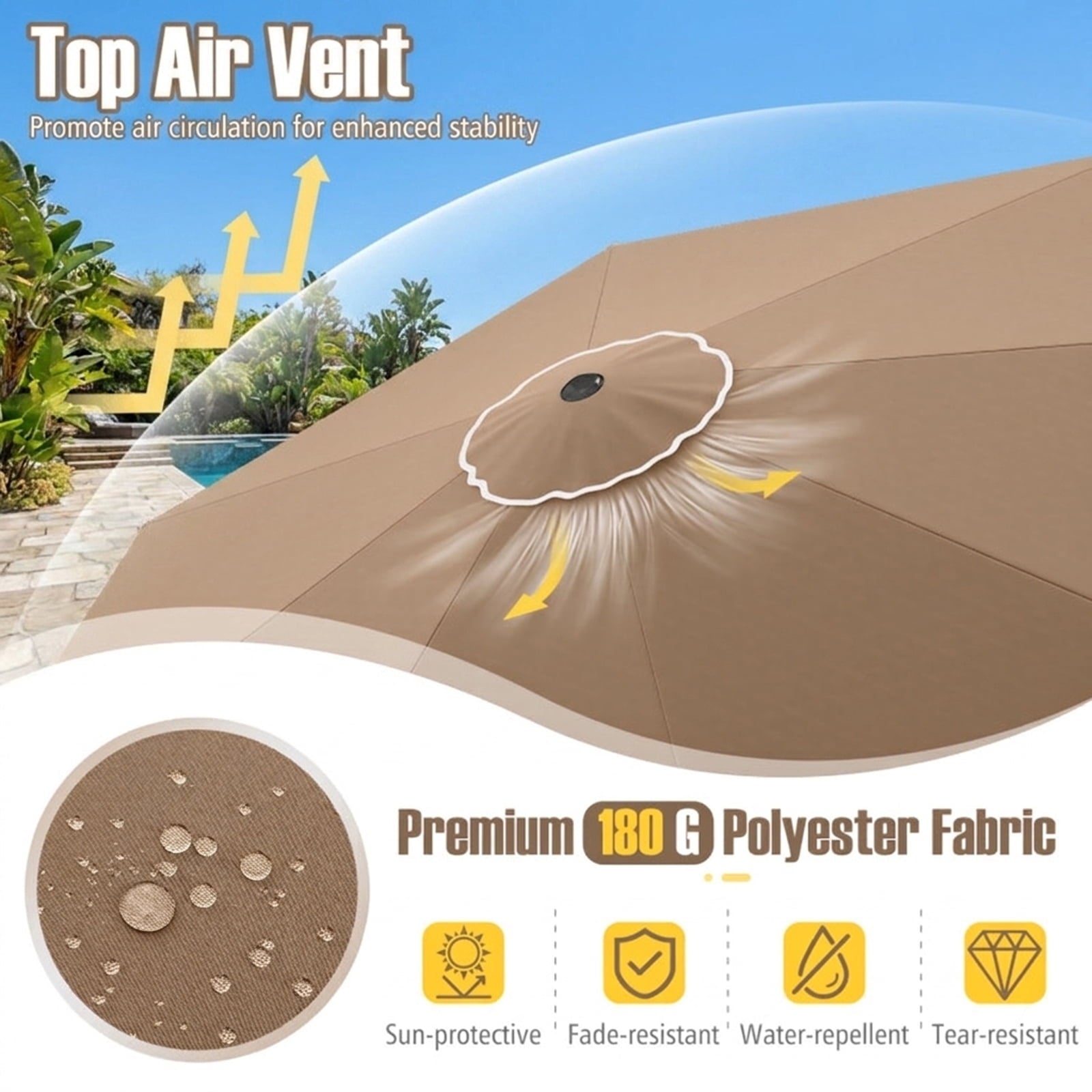 Biotree 10 ft Market Patio Umbrella with Crank and Tilt, 8 Sturdy Ribs, Vented Canopy - Beige for Backyard