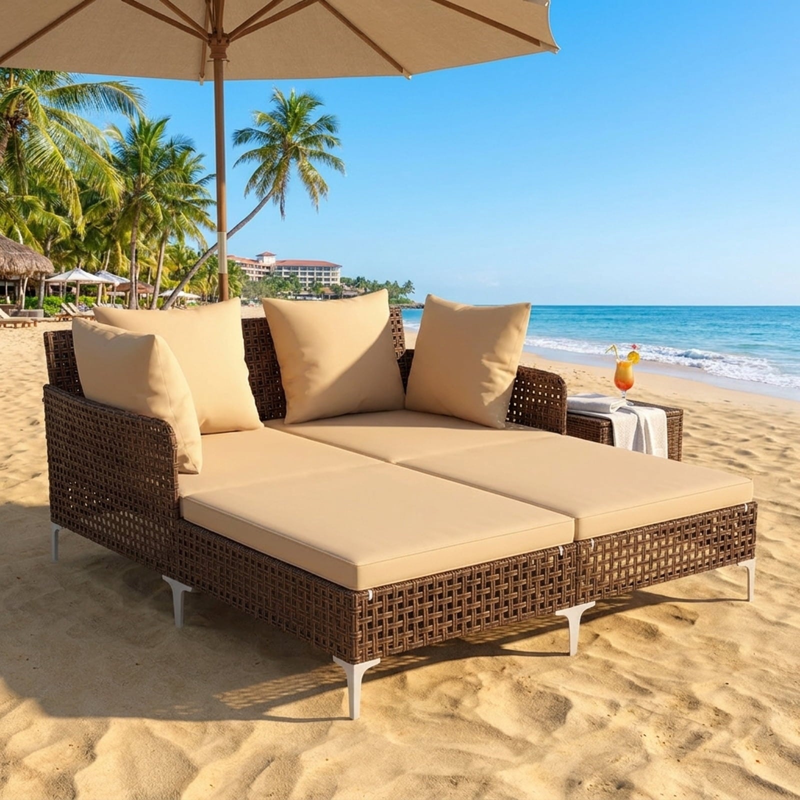 Biotree Outdoor Rattan Double Daybed Wicker Chaise Lounge Stackable Patio Chair for Garden BackyardBrown