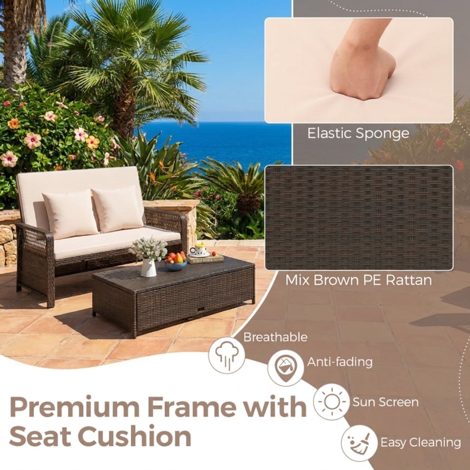 Biotree Patio Adjustable Wicker Daybed with 4-Level Backrest and Soft Cushions Outdoor Conversation Set for Garden Backyard PorchBeige