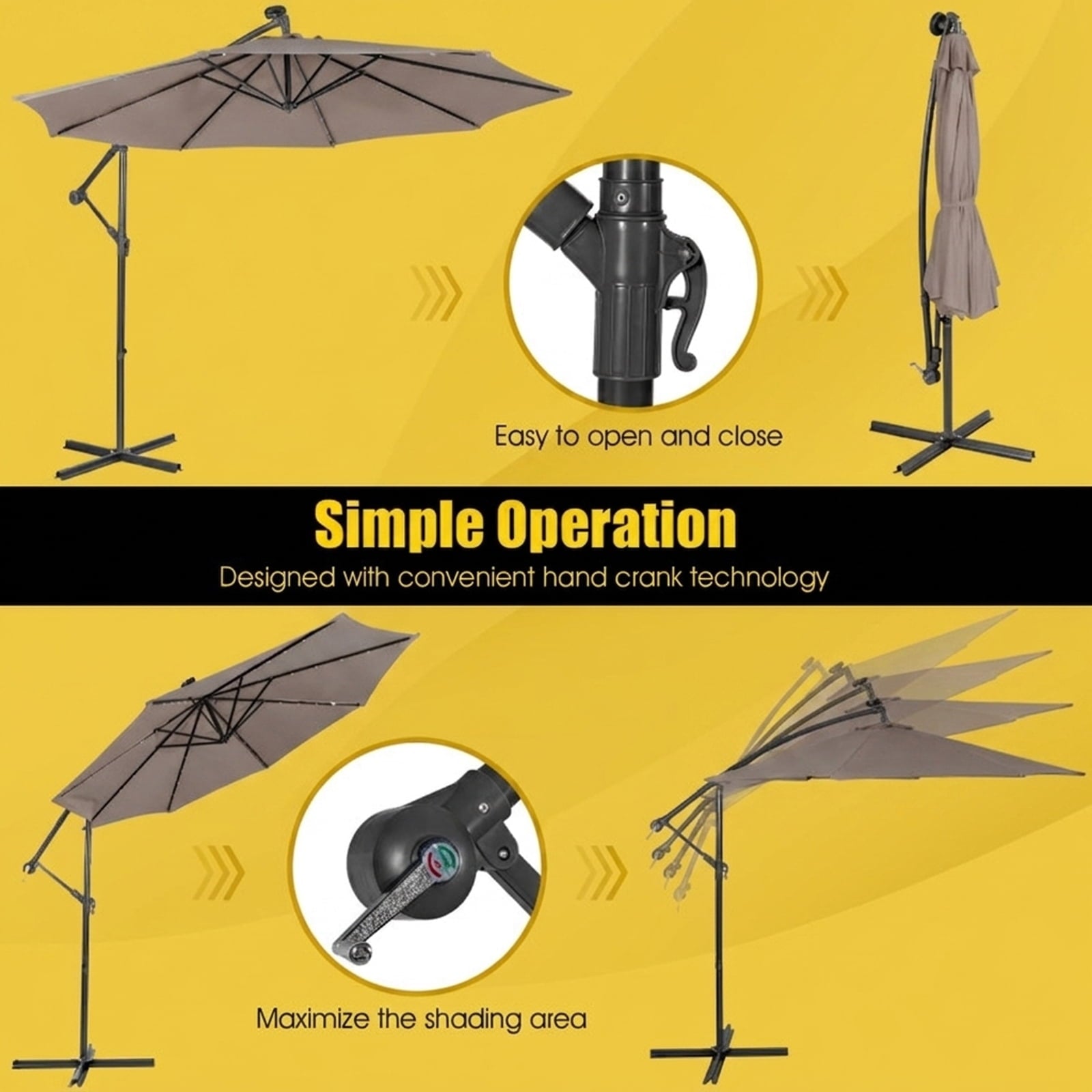 Biotree 10 ft Cantilever Offset Patio Umbrella Solar Powered Outdoor Shade - Brown - UV Protection with Cross Base