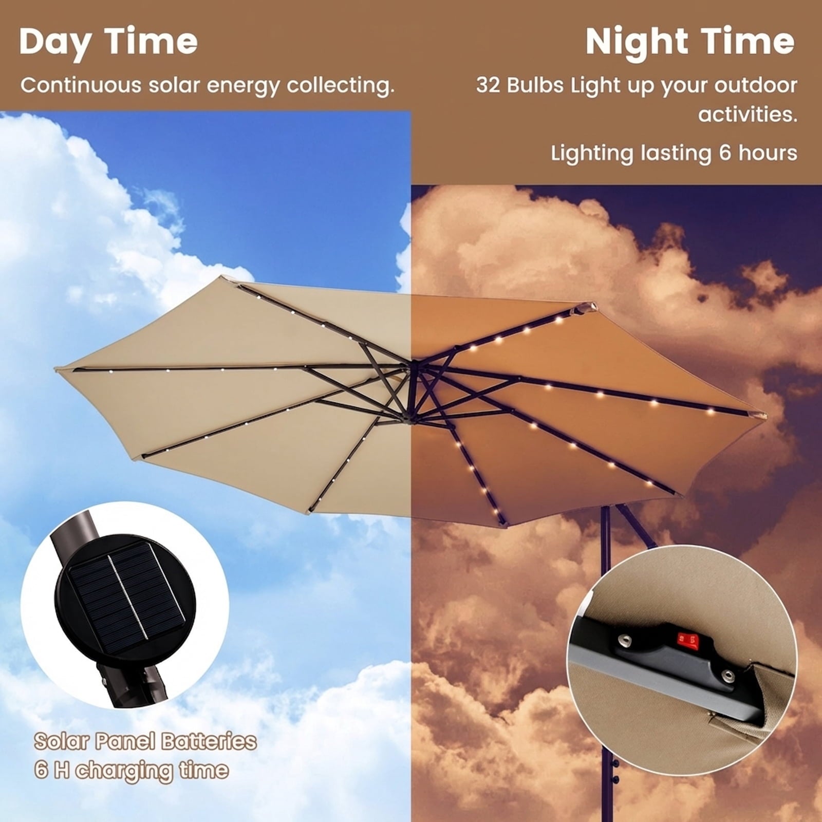 Biotree 10 Feet Cantilever Umbrella with 32 LED Lights and Solar Panel Batteries-Beige Outdoor Backyard
