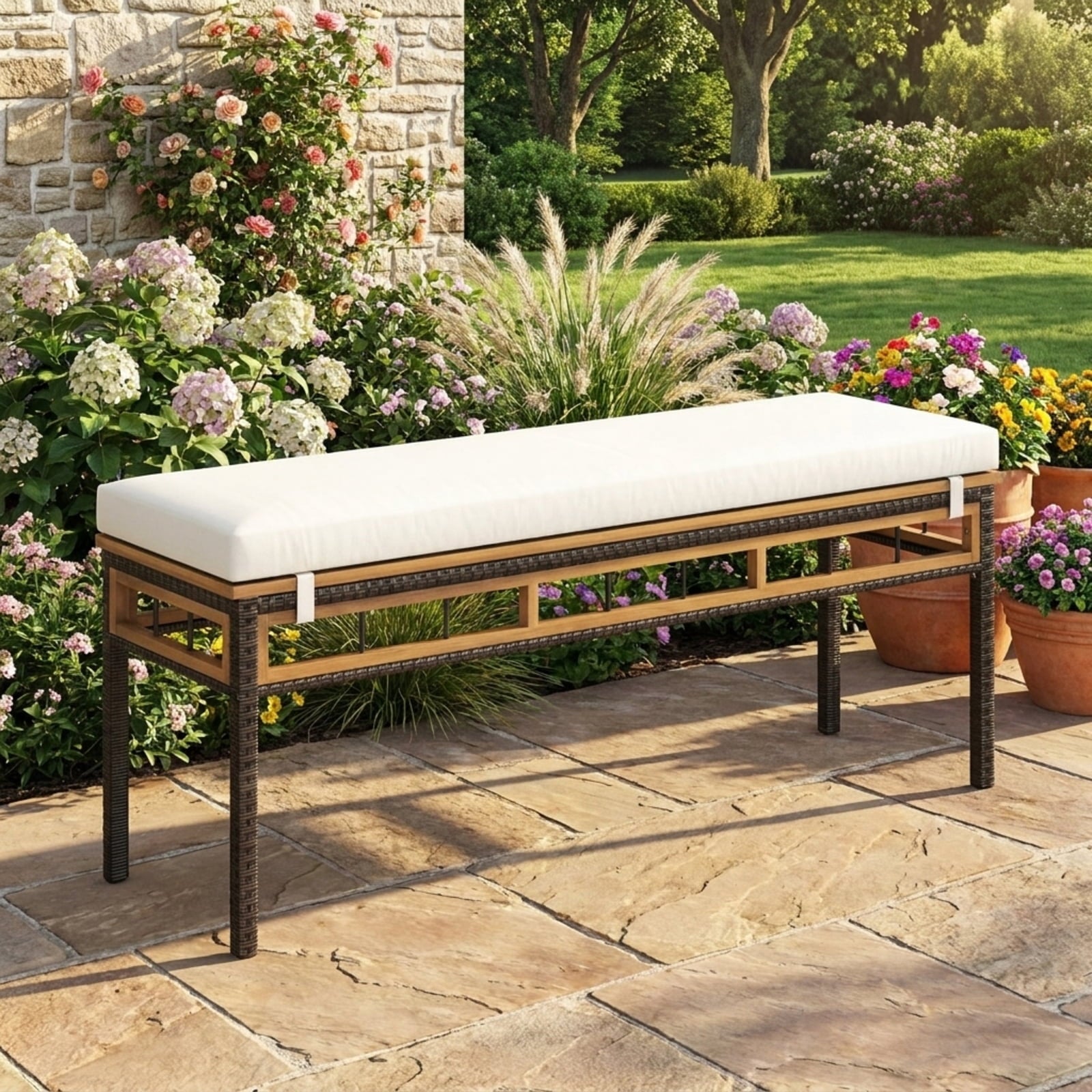 Biotree Wicker Patio Bench for 2 People 48invh Long Backless Dining Bench with Acacia Wood SeatWhite
