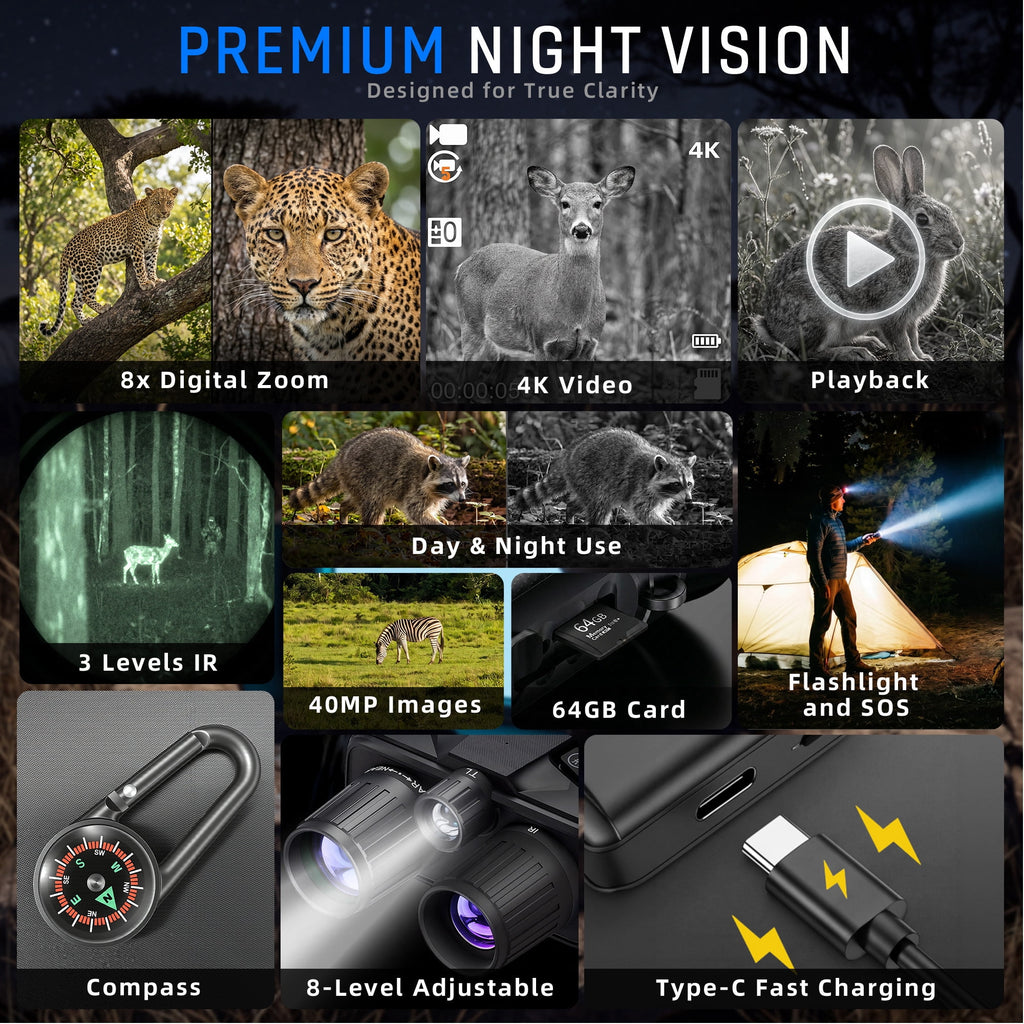 4K Night Vision Goggles for Adults Hunting, 8X Digital Night Vision Binoculars, 3.99inch Large Screen, 64GB Card, 2000FT Range, 40MP Photo Video