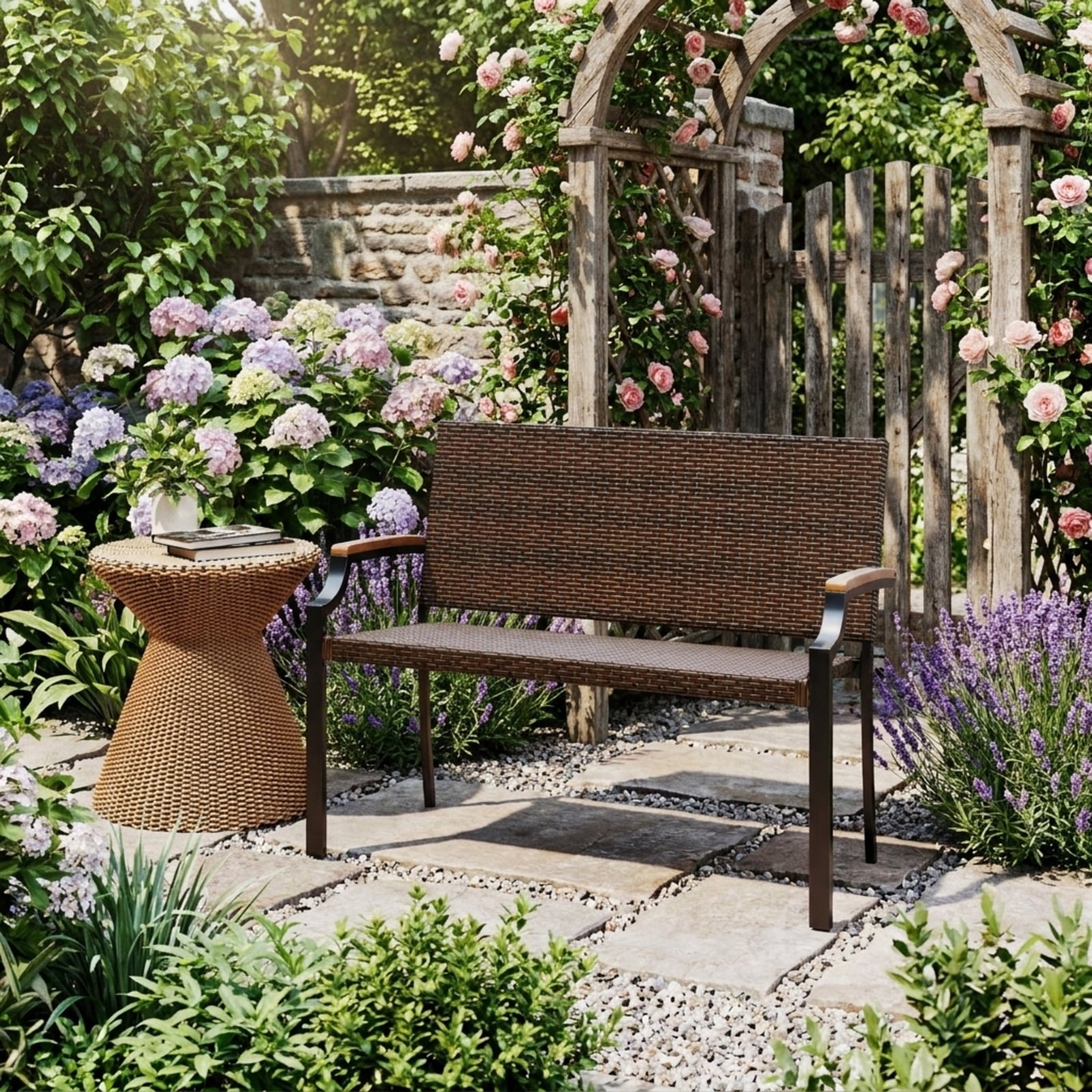 Biotree Patio Wicker Loveseat Chair with Acacia Wood Armrests and Metal Frame Stackable Patio Chair for Garden BackyardMix Brown