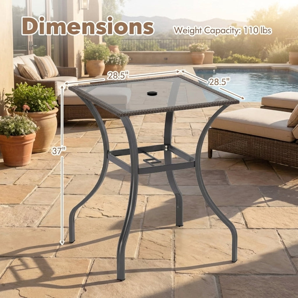 Biotree Outdoor Patio Square Bar Table with Glass Top and PE Rattan Edging, Brown - Outdoor Bar Height Dining Table for Patio Deck