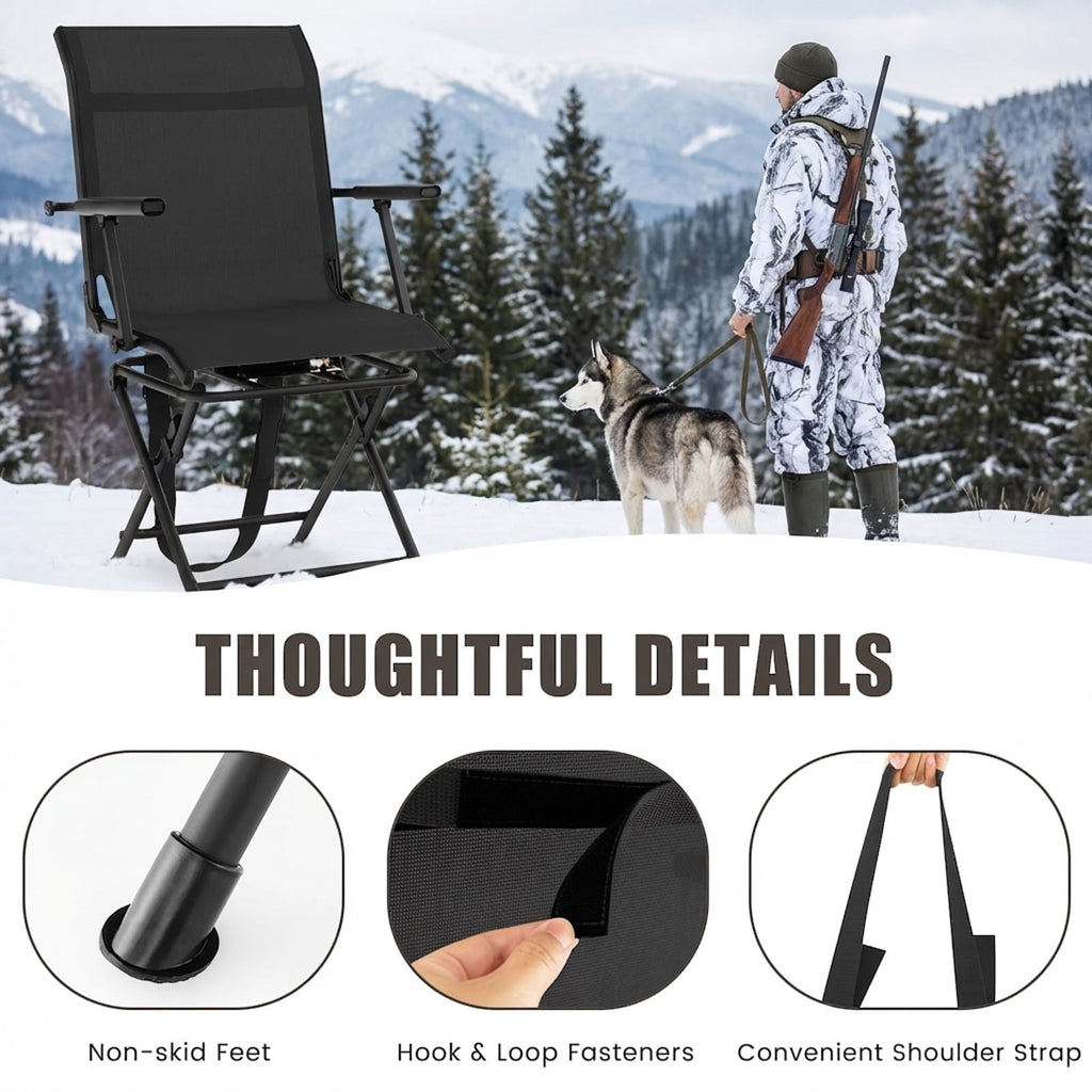 Biotree 360 Degree Swivel Hunting Chair Foldable Outdoor Camp Chair with Armrest and Breathable Mesh Back for Camping Fishing, Black