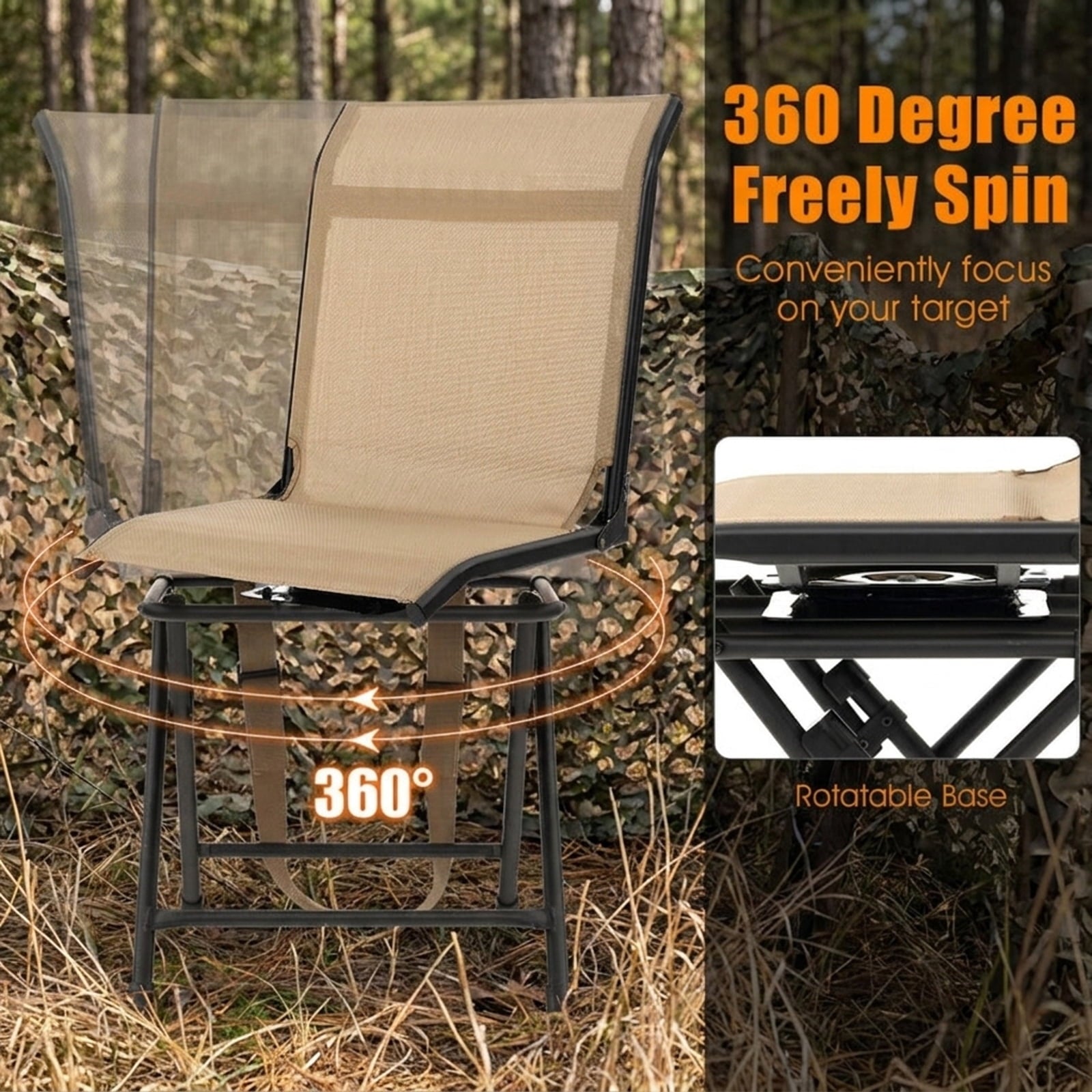 Biotree All weather Outdoor Foldable 360 Degree Swivel Chair with Iron Frame, Brown