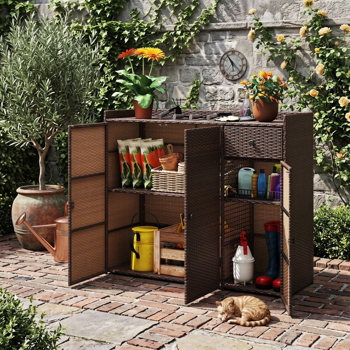 Biotree Outdoor PE Wicker Storage Cabinet with 3 Doors, Weatherproof Rattan Deck Box with Countertop, Adjustable Shelves Drawer for Patio Garden Deck, Brown