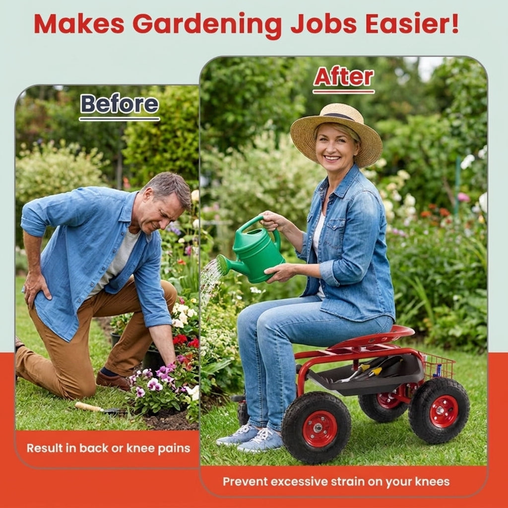 Biotree 4-Wheel Rolling Garden Cart Work Seat for Garden Yard Lawn Work Outdoor, Red