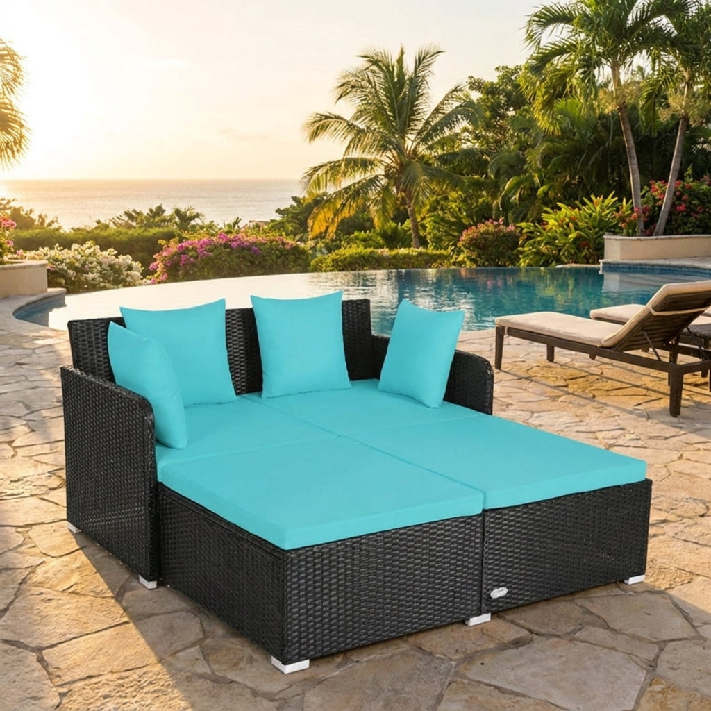 Biotree Spacious Outdoor Rattan Daybed with Upholstered Cushions and Pillows Outdoor Conversation Set for Garden Backyard PorchTurquoise