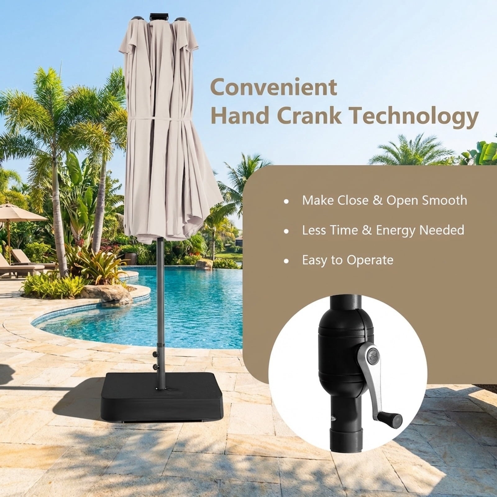 Biotree 15 Feet Double-Sided Patio Umbrella with 48 LED Lights-Beige Outdoor Backyard Deck Garden Pool