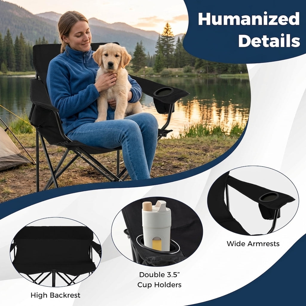 Biotree 2-Person Folding Outdoor Loveseat Camp Chair with Cup Holders Portable Double Camping Chair with Carry Bag, Black