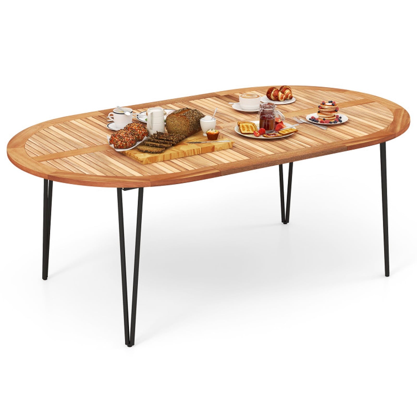Biotree 79 Inch Oval Patio Dining Table with Umbrella Hole and Acacia Wood Tabletop for 8 People, Natural