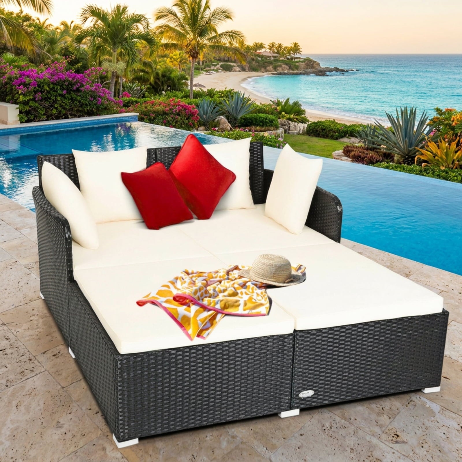 Biotree Spacious Outdoor Rattan Daybed with Upholstered Cushions and Pillows Outdoor Conversation Set for Garden Backyard PorchWhite