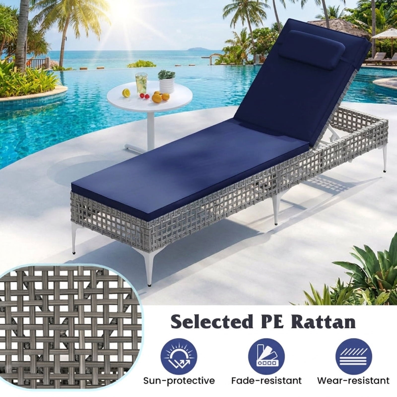 Biotree Patio Chaise Lounge Chair with 6-Level Adjustable Backrest and Headrest for Poolside Stackable Patio Chair for Garden BackyardNavy