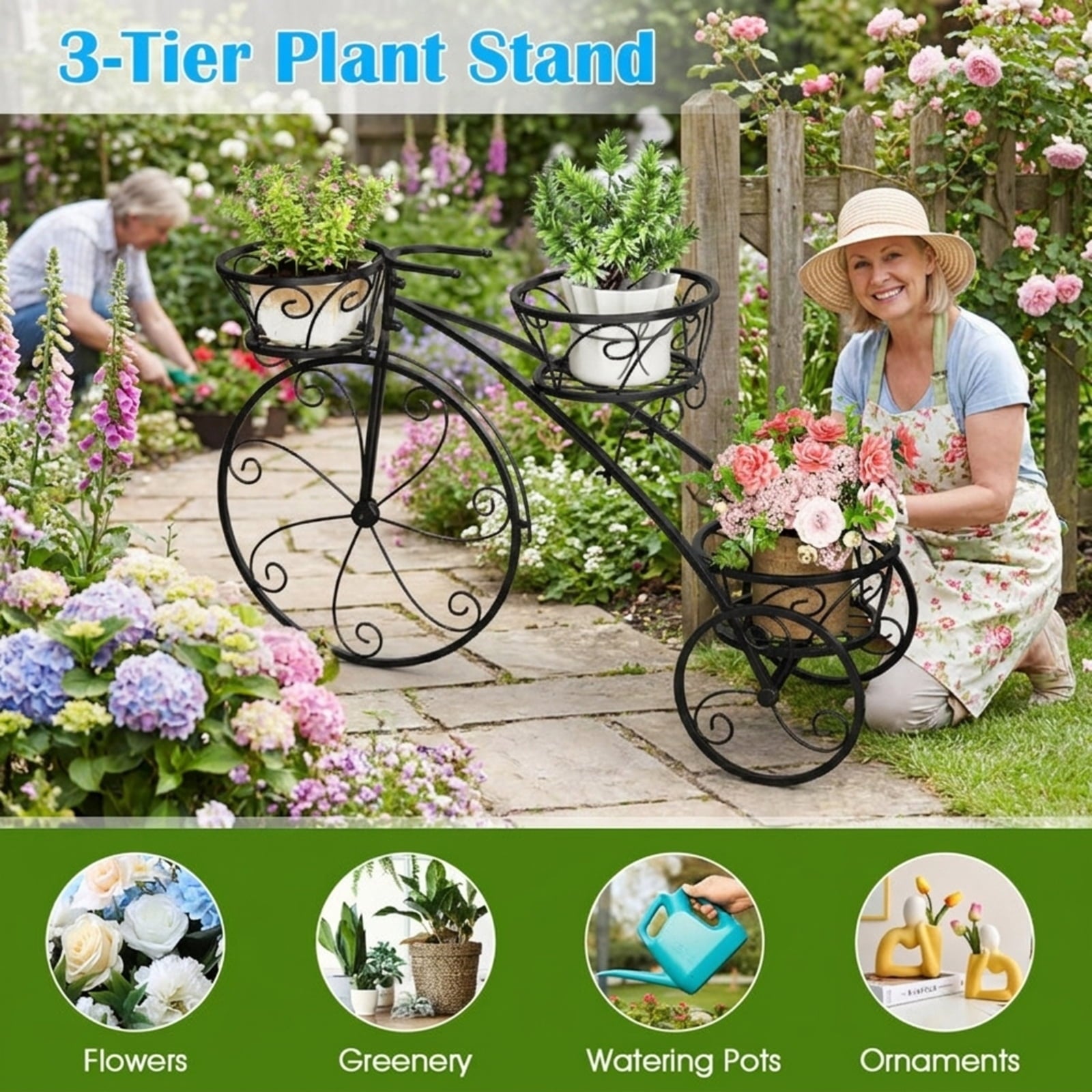 Biotree Tricycle Plant Stand Flower Pot Cart Holder with 3 Hollowed Baskets for Indoor Outdoor Patio Balcony Garden, Bronze