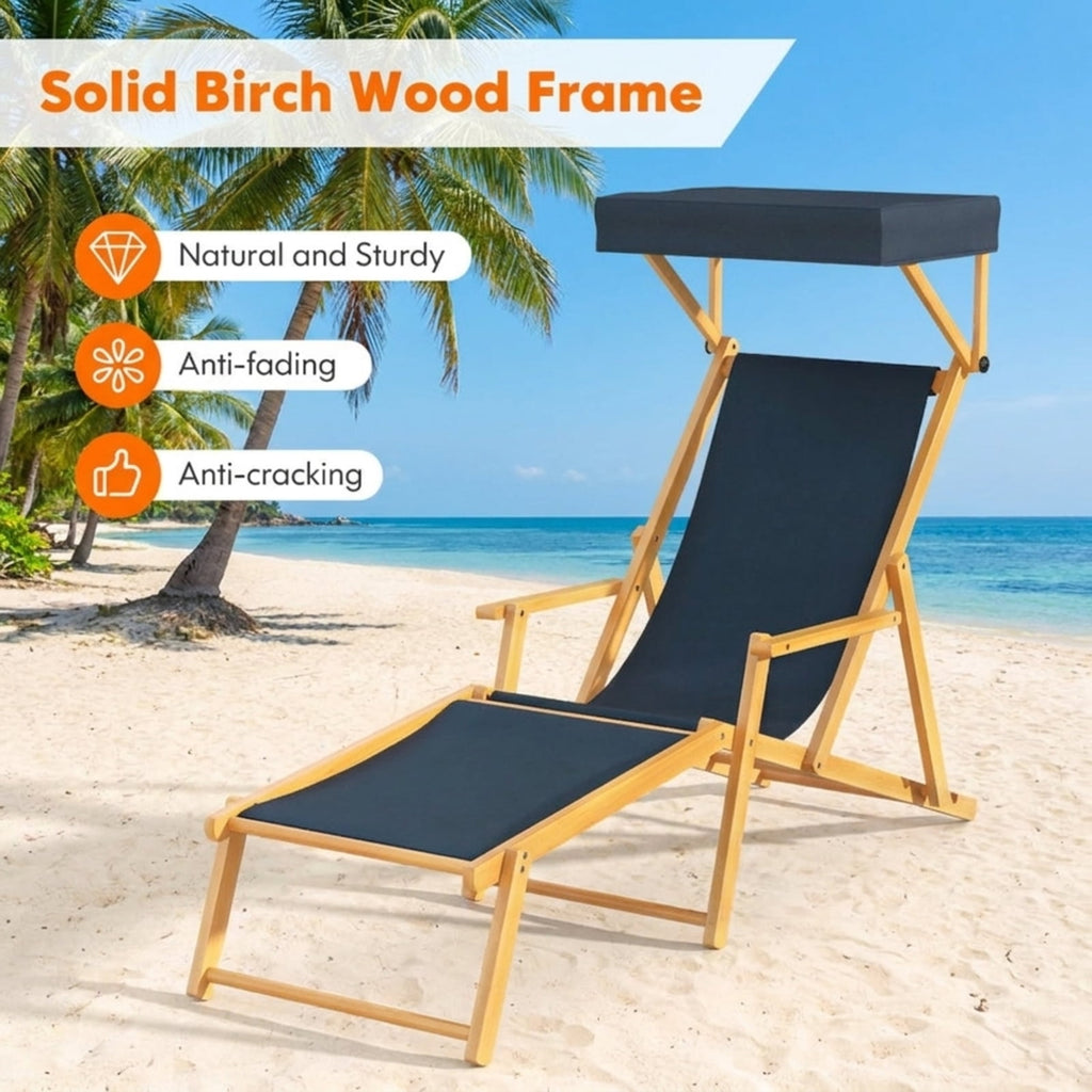 Biotree Birch Wood Chaise Lounge Chair Foldable Beach Chair with Adjustable Canopy Stackable Patio Chair for Garden BackyardNavy