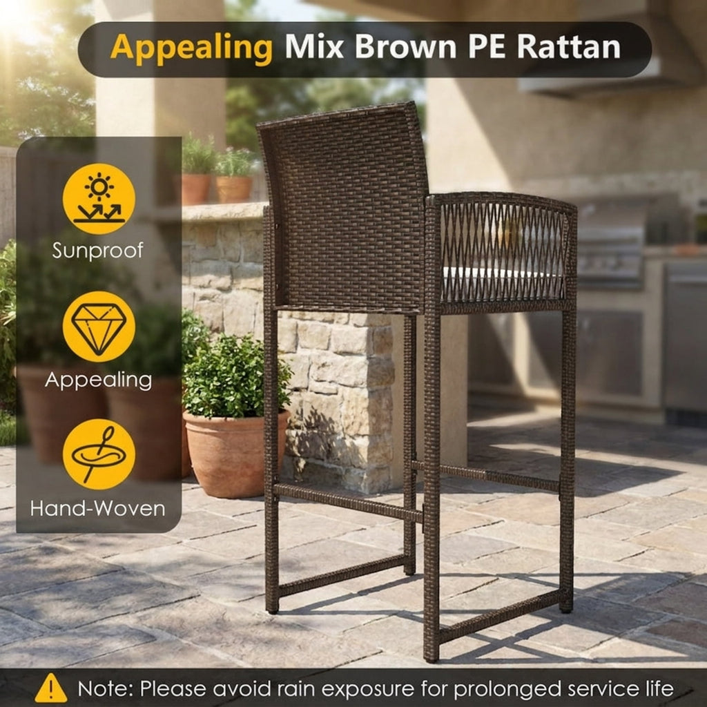 Biotree 3-Piece Patio Bar Set with Round Glass Table and Rattan Armchairs, White - Outdoor Patio Bar Height Furniture Set for Deck Garden