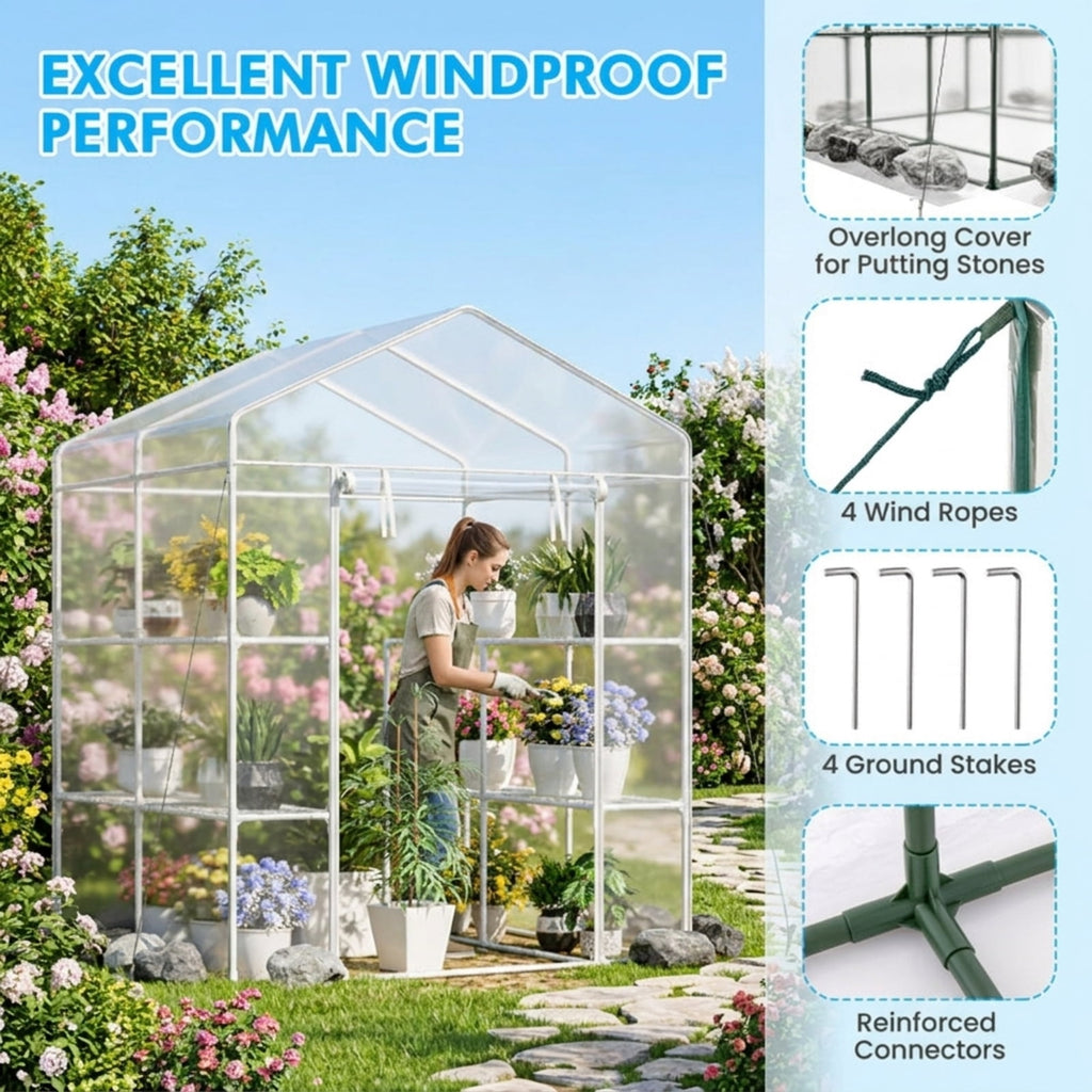 Biotree Walk-in Greenhouse with 3 Tiers 8 Shelves PVC Cover Roll for Outdoor Garden Backyard Patio Vegetables Flowers, Transparent