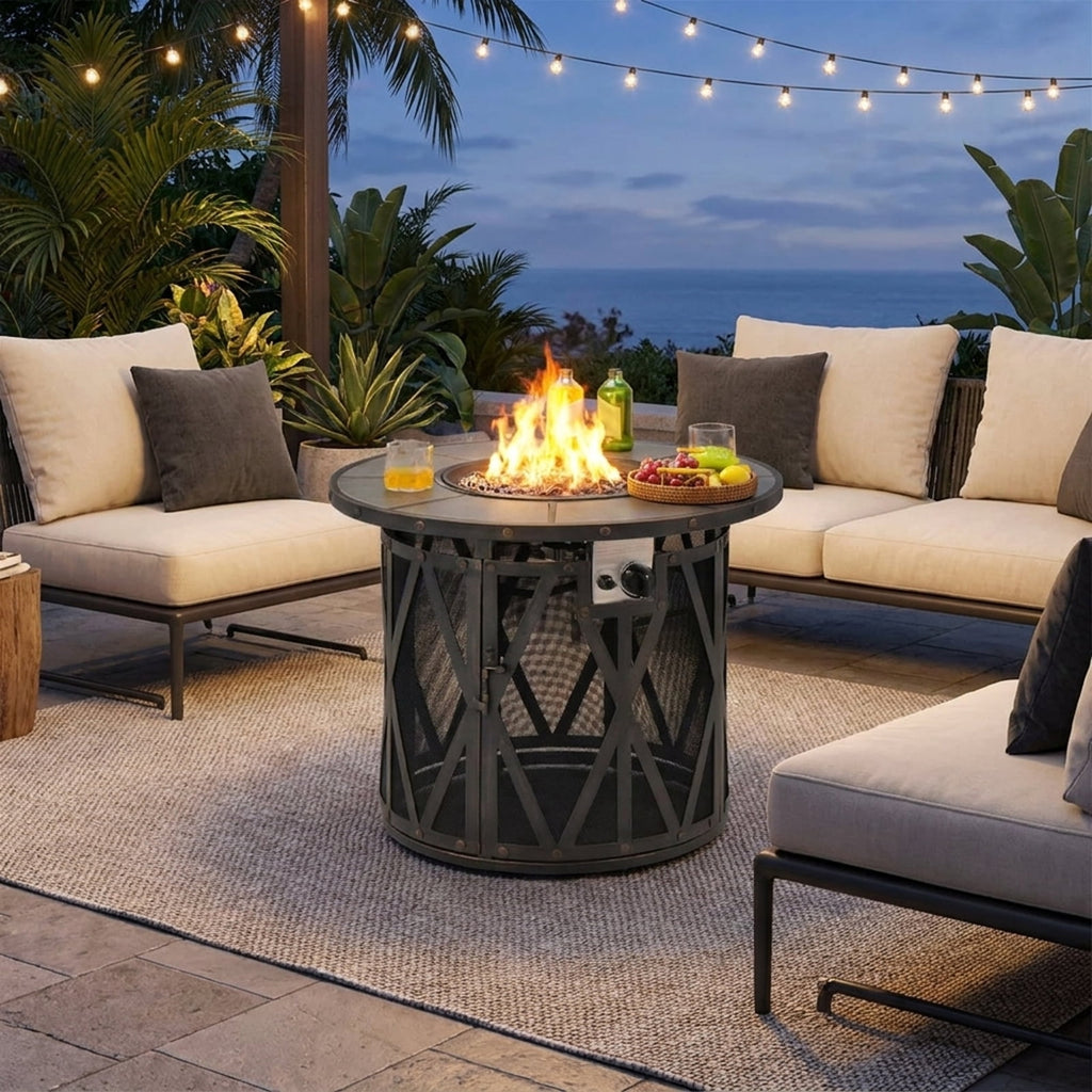 Biotree 32 Inch 30000BTU Fire Pit Table with Fire Glasses and PVC Cover for Outdoor Patio Backyard Garden Camping, Black Gray