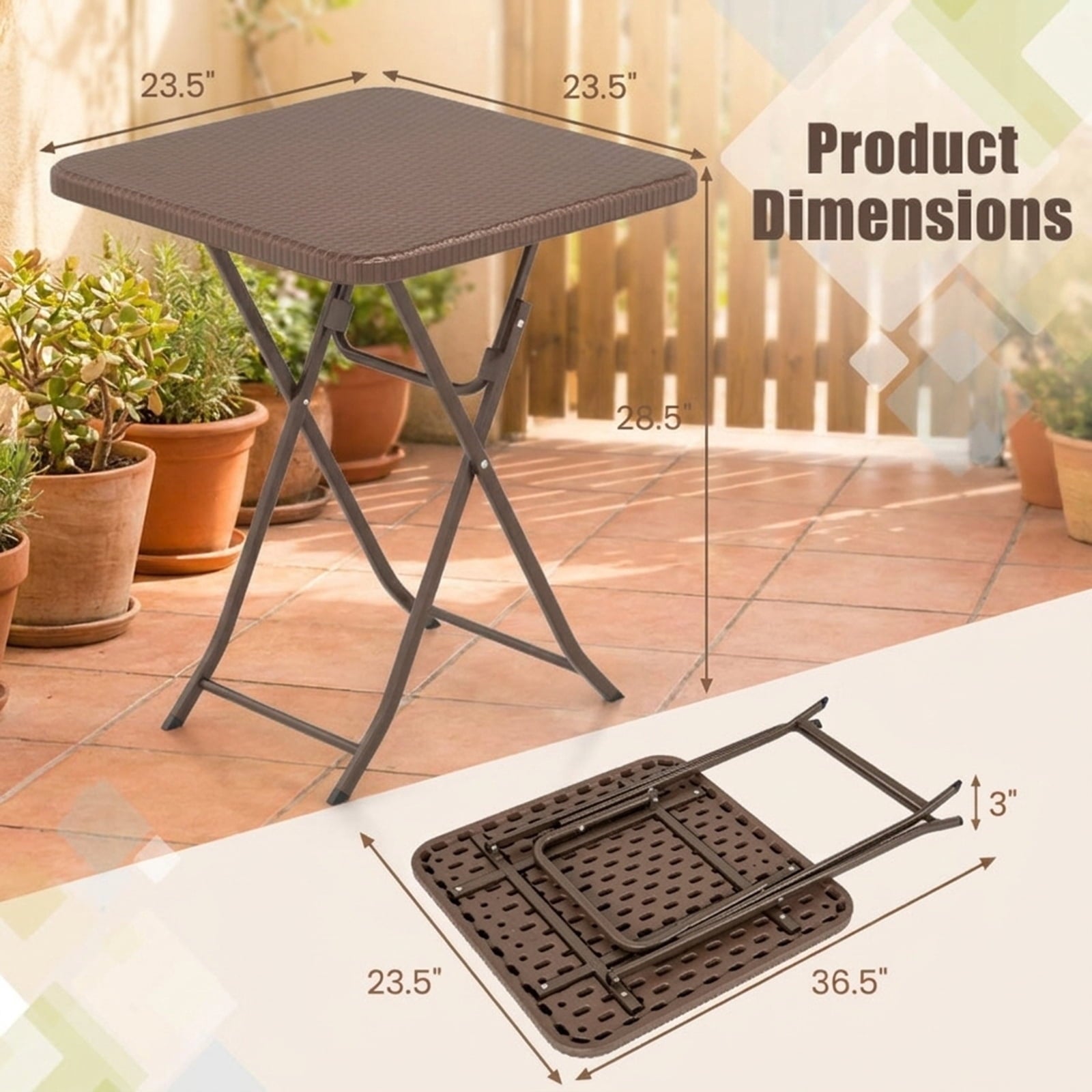 Biotree Folding Picnic Table with Rattan Grain HDPE Tabletop and Sturdy Metal Fame, Coffee