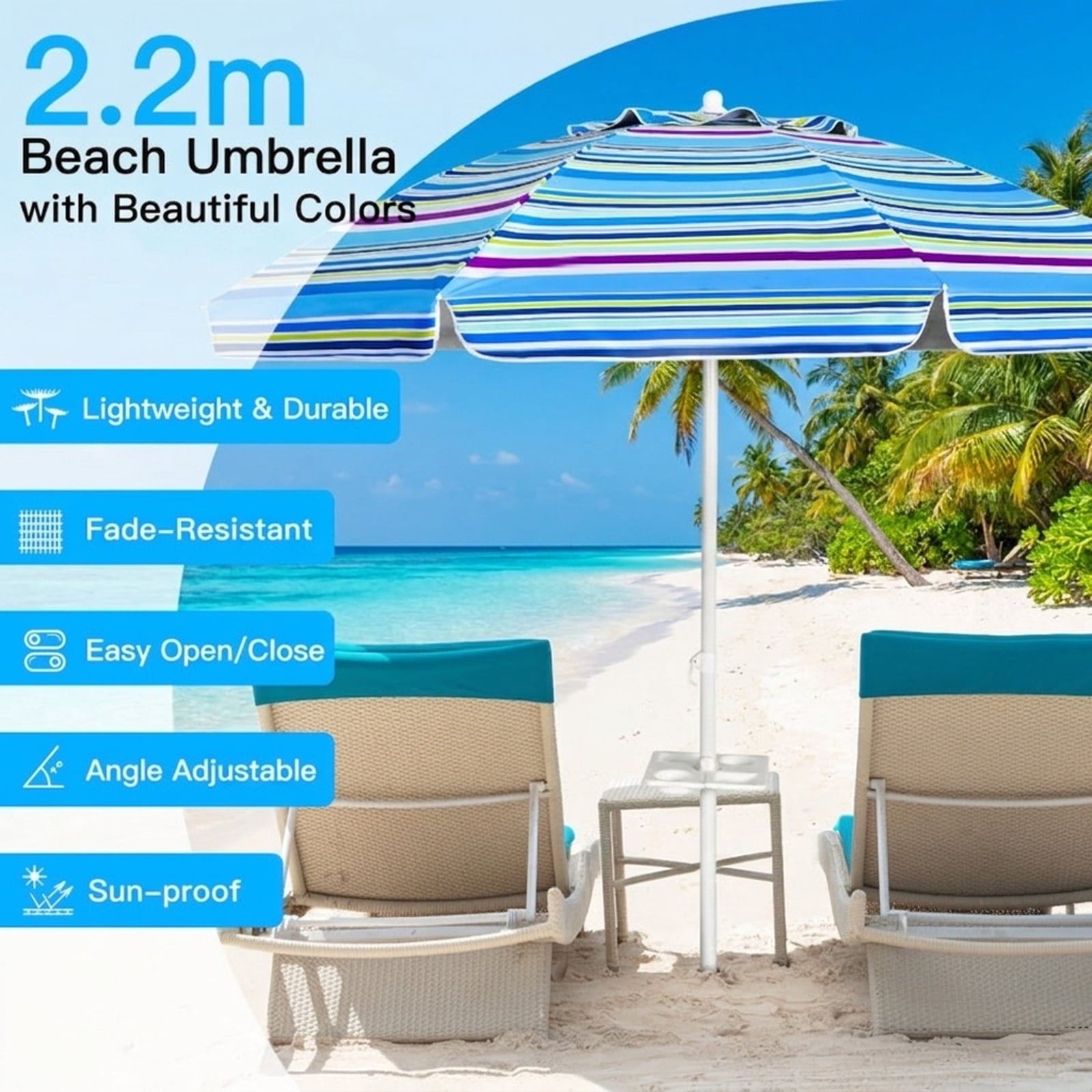 Biotree 7.2 ft Portable Beach Umbrella with Carrying Bag, 8 Ribs, Sand Tilt Mechanism - Blue for Backyard